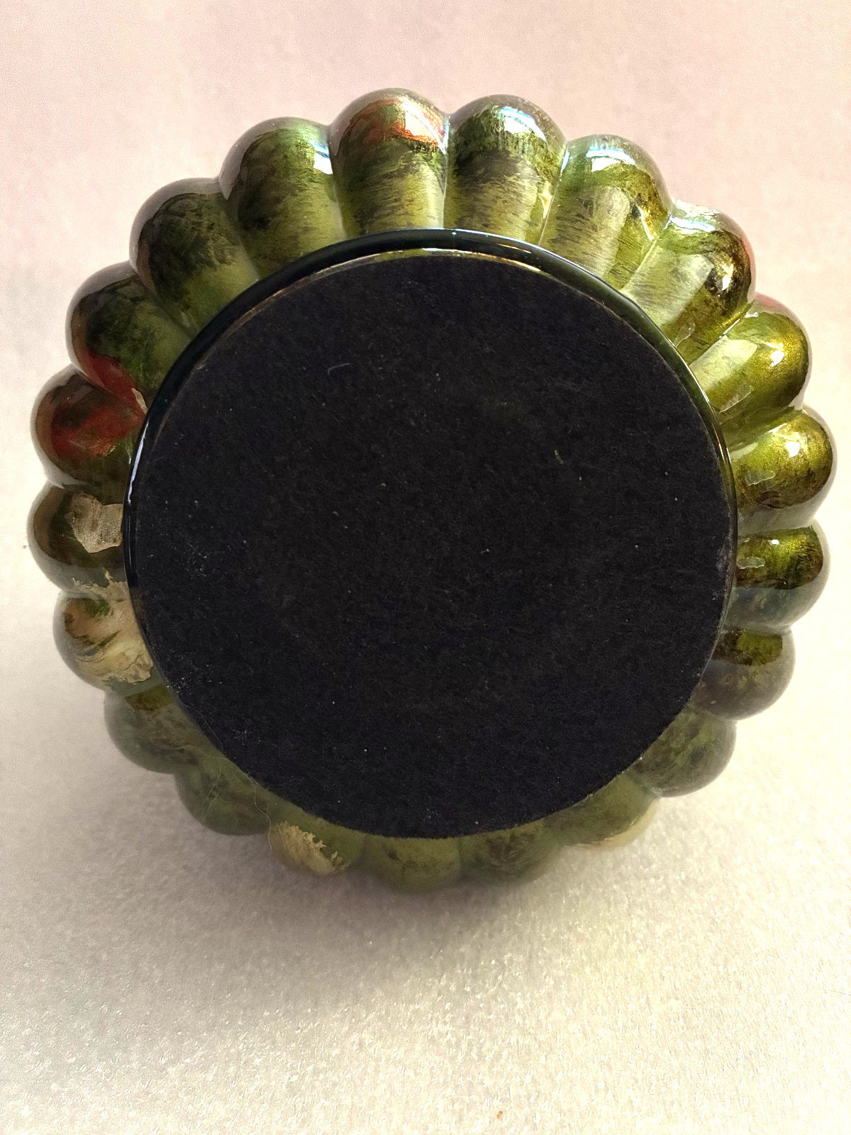 Vertically ribbed, dome or gourd shape, artisan glass. Hand-painted glass art.