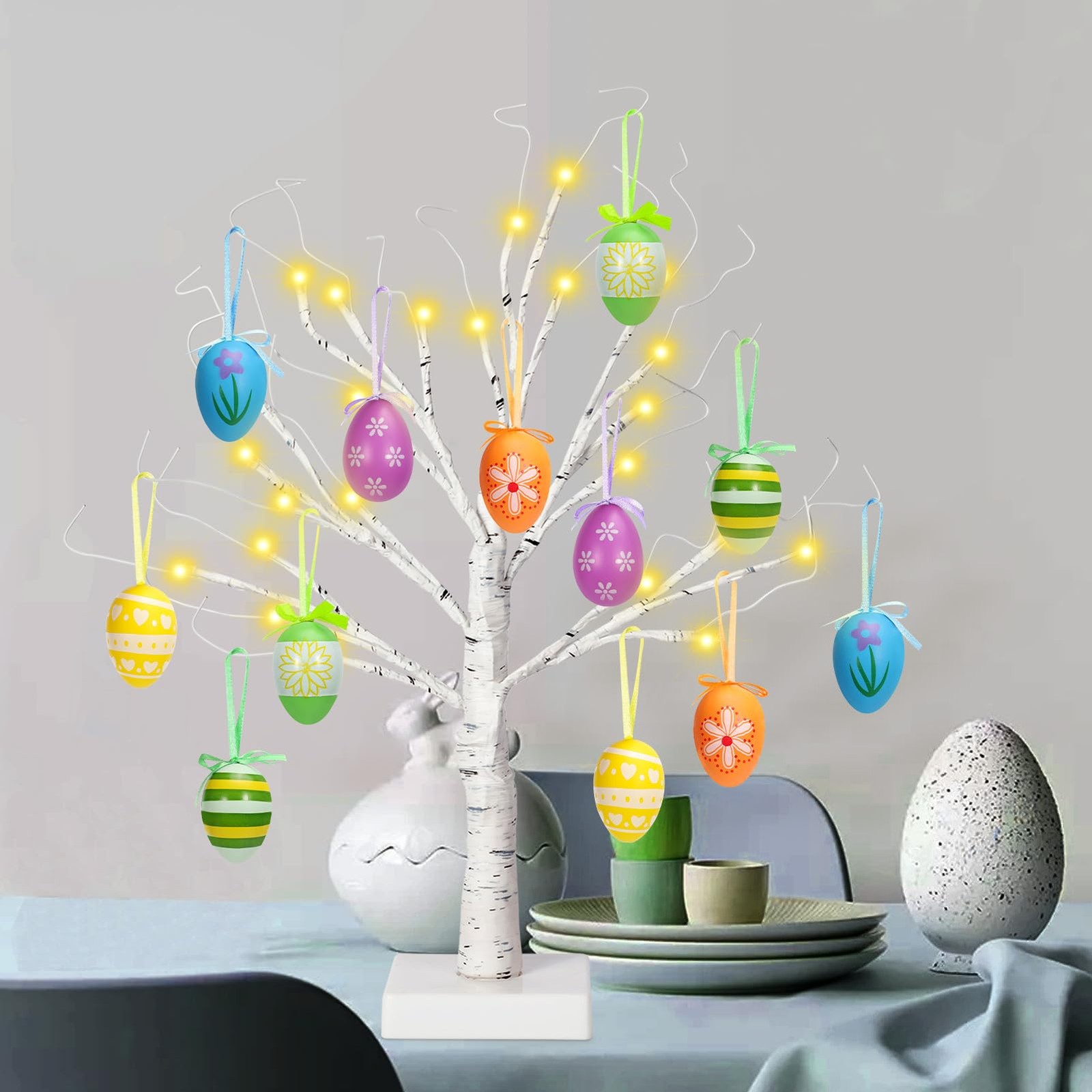 24″ Easter Lighted Birch Tree with 12pcs Ornaments, Warm White LEDs Tabletop …