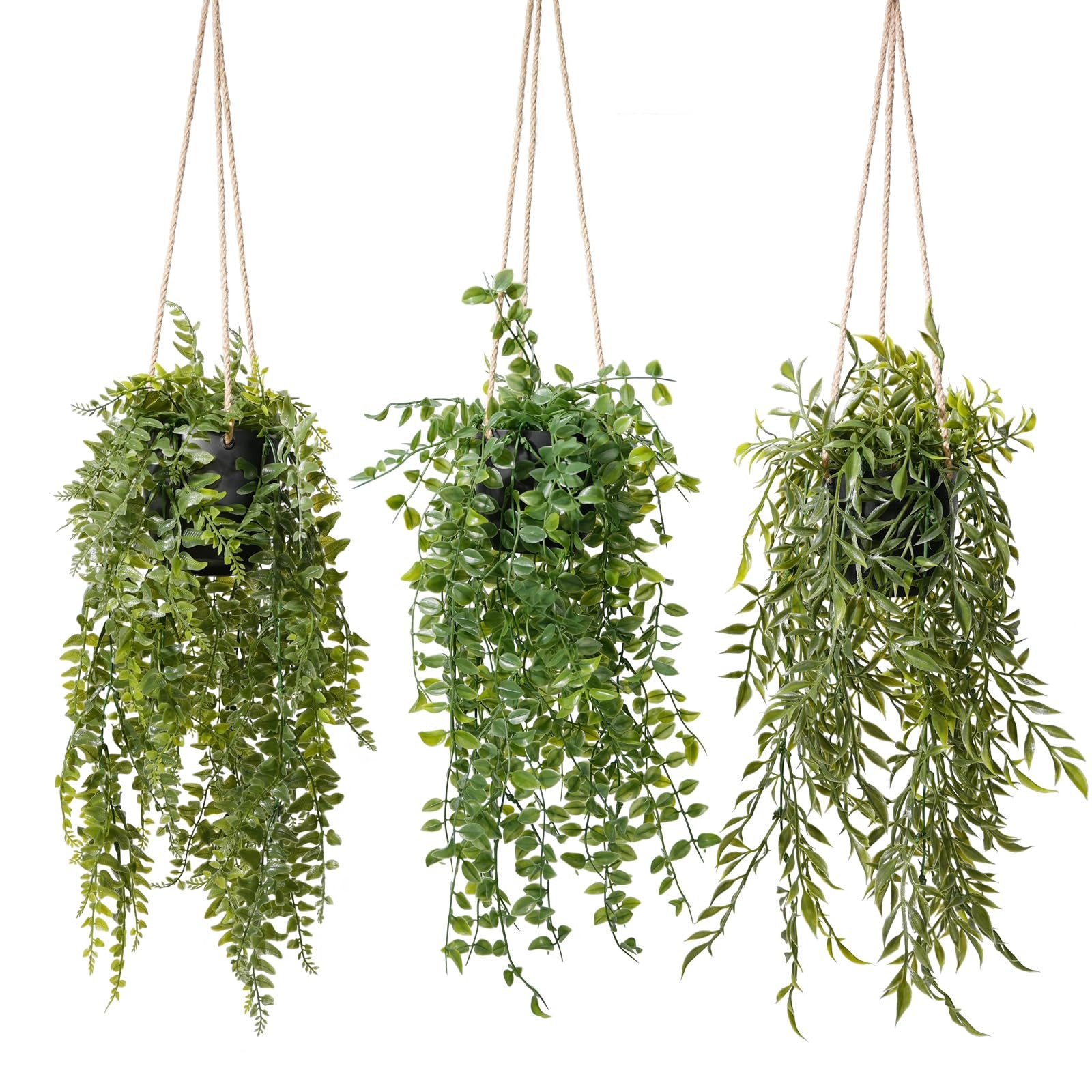 3 Packs 20″ Fake Hanging Plants with Black Pots for Wall Decor