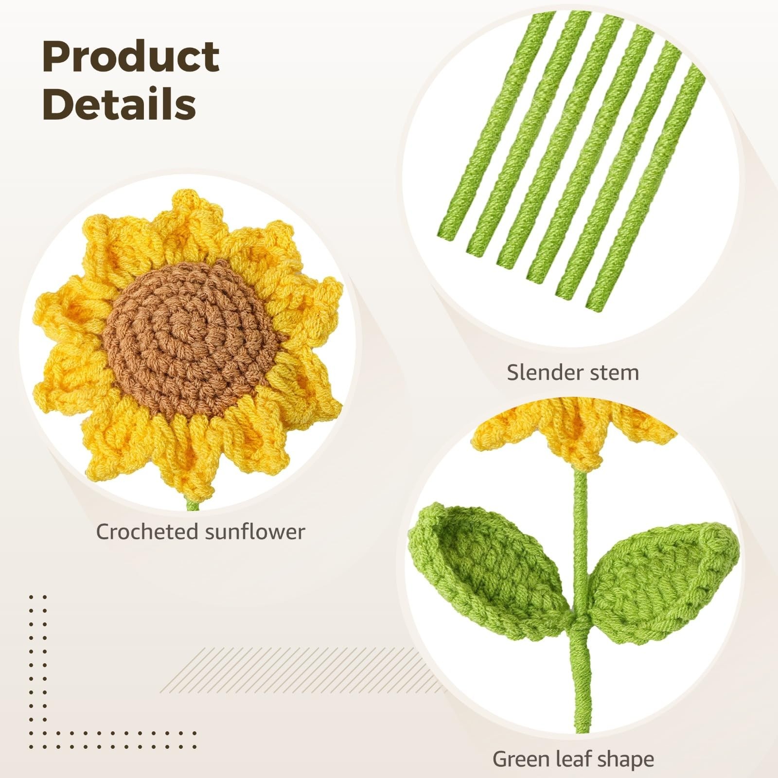 6 Pcs Crochet Sunflower Bouquet, Handmade Yellow Sunflowers with Green Leaves…