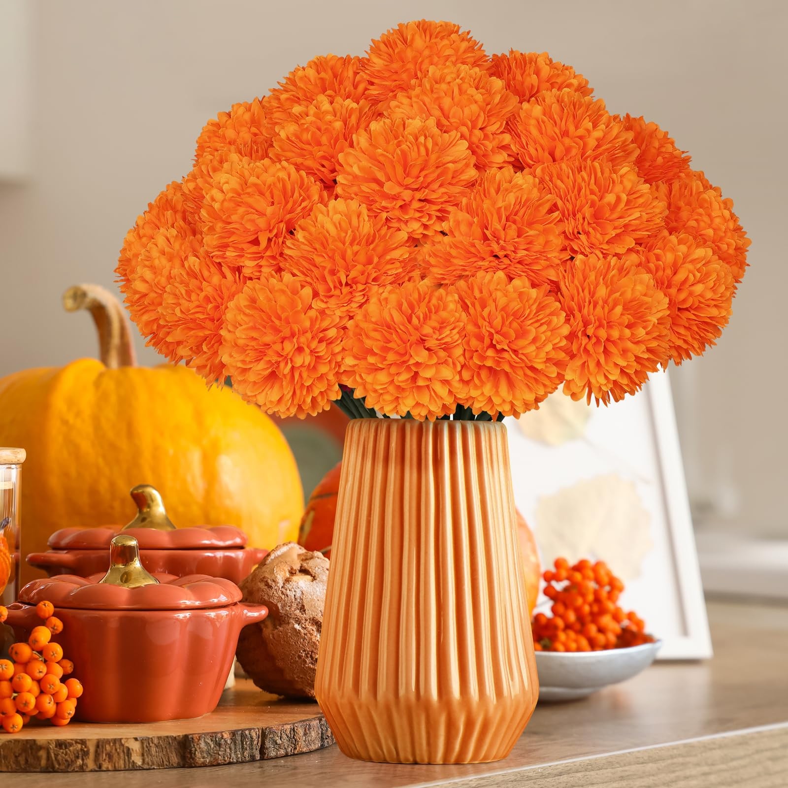Artificial Chrysanthemums Marigold Fake Orange Silk Mums Bouquet 36 PCS