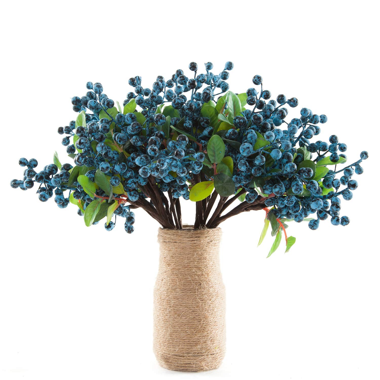Artificial Blue Stems Pack of 20 Fake Blue Berries with Green Leaves 9.8 inch…