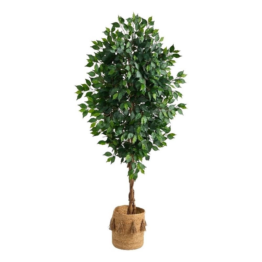 Nearly Natural 6ft Ficus Tree w/Natural Trunk in Handmade Jute Planter w/Tassels