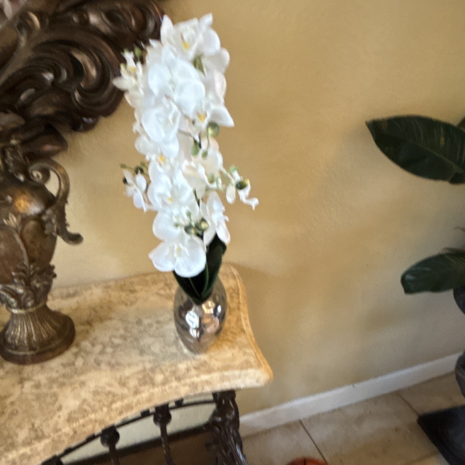 Artificial White & Green Orchid Flower Arrangement in Silver Vase Centerpiece