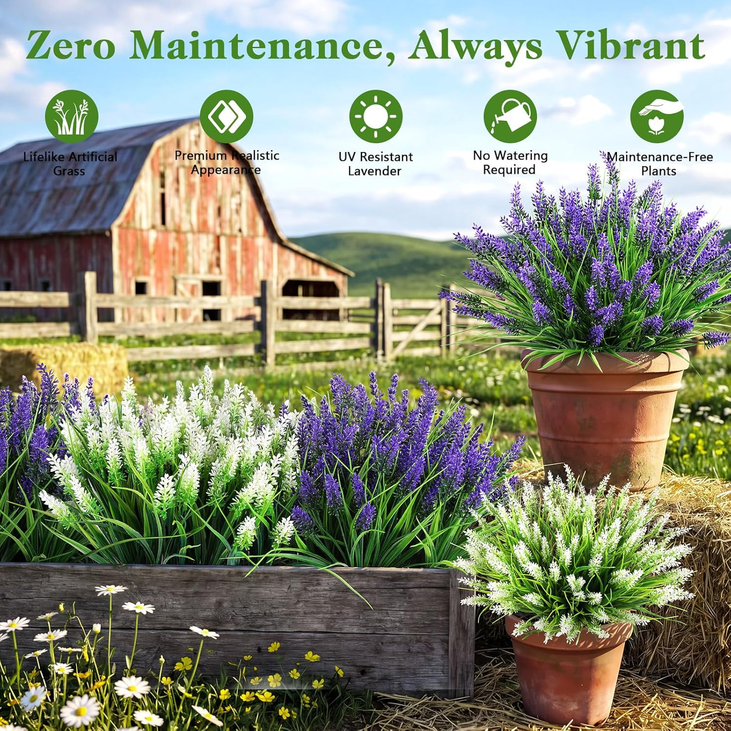 16 Bundles Faux Outdoor Plants, UV Resistant Fake Lavender & Monkey Grass, Reali