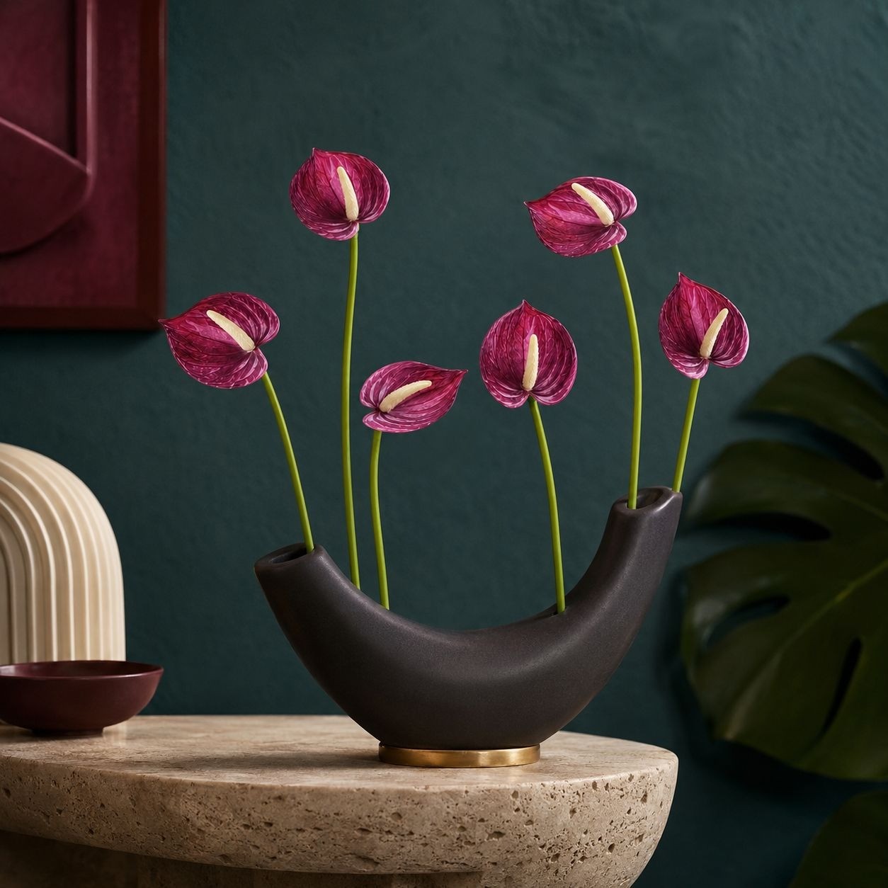 Plum Real Touch Artificial Anthurium Stems, Set of 6, 11 Inch