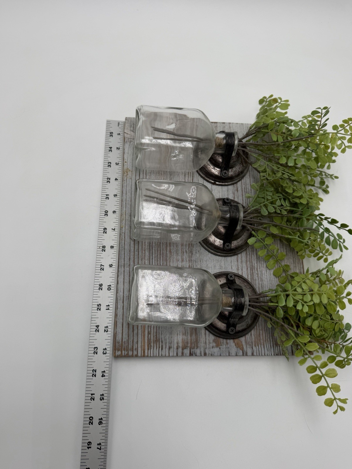 Rustic Farmhouse Wall Vase Decor Wood Panel 3 Glass Bottle Bud Vases Floral