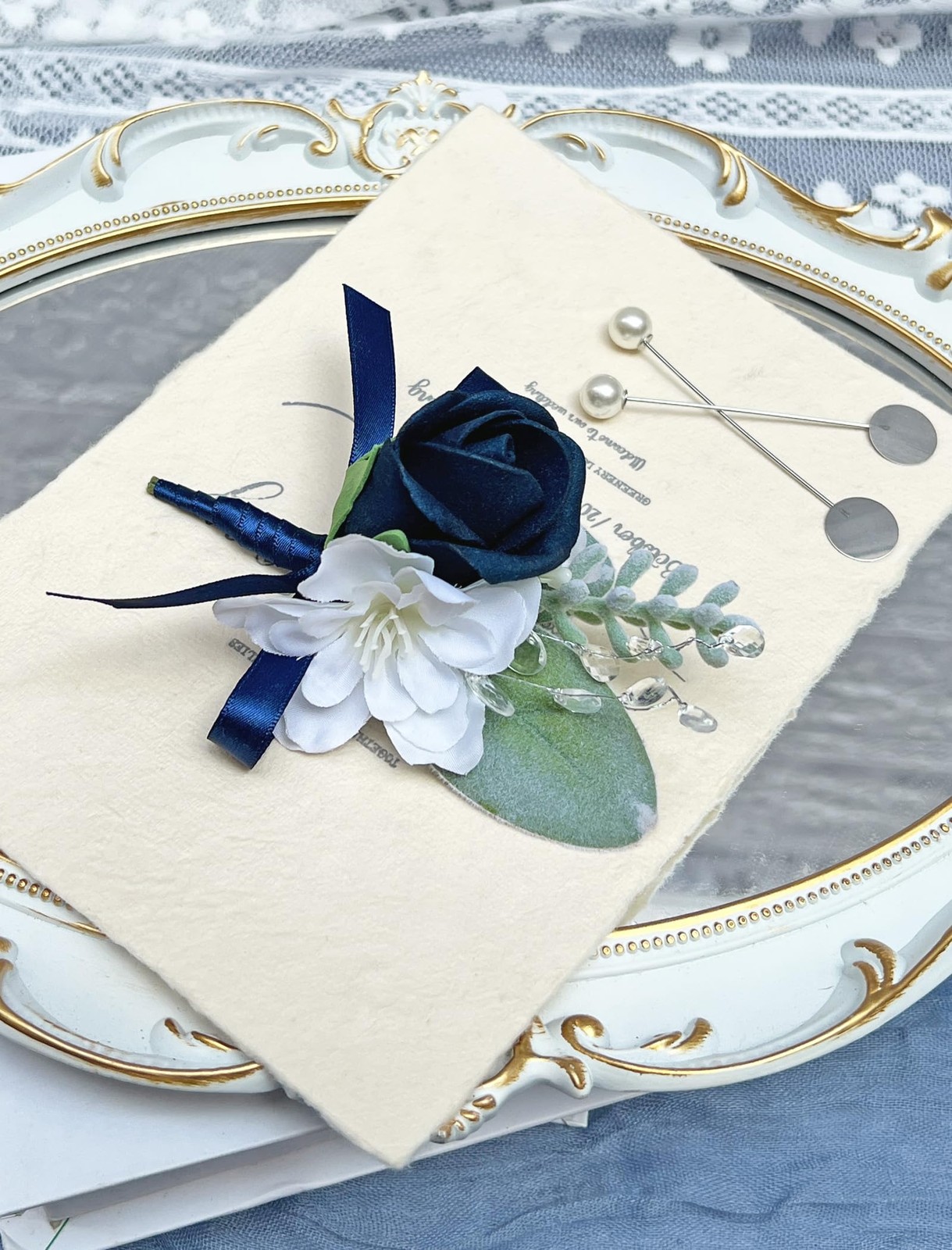 6 PCS Rose Boutonniere Men Artificial Flowers Wedding Groom Navy Blue