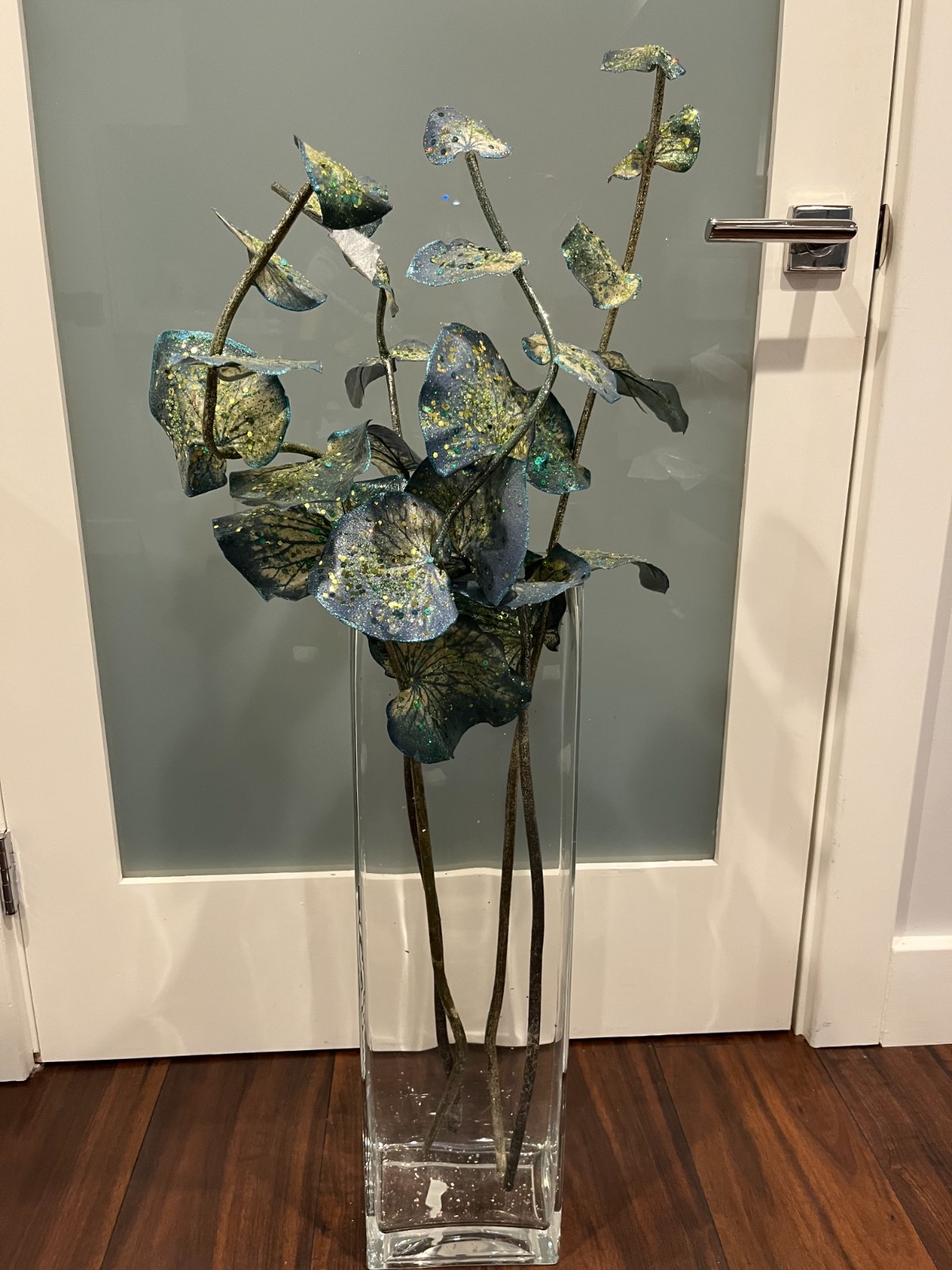 Blue-Green Sequin Leaf Spray Stem – Approximately 39” Glitter Faux Flower