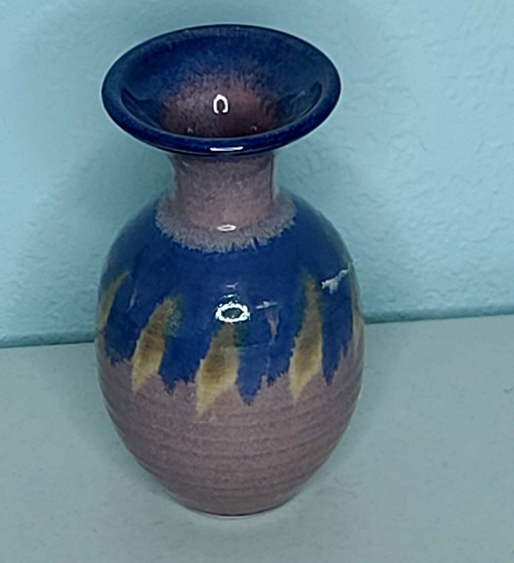 Vintage Handmade Glazed Vase for Flowers Table Window Sill Decor About 7″H x 4″W