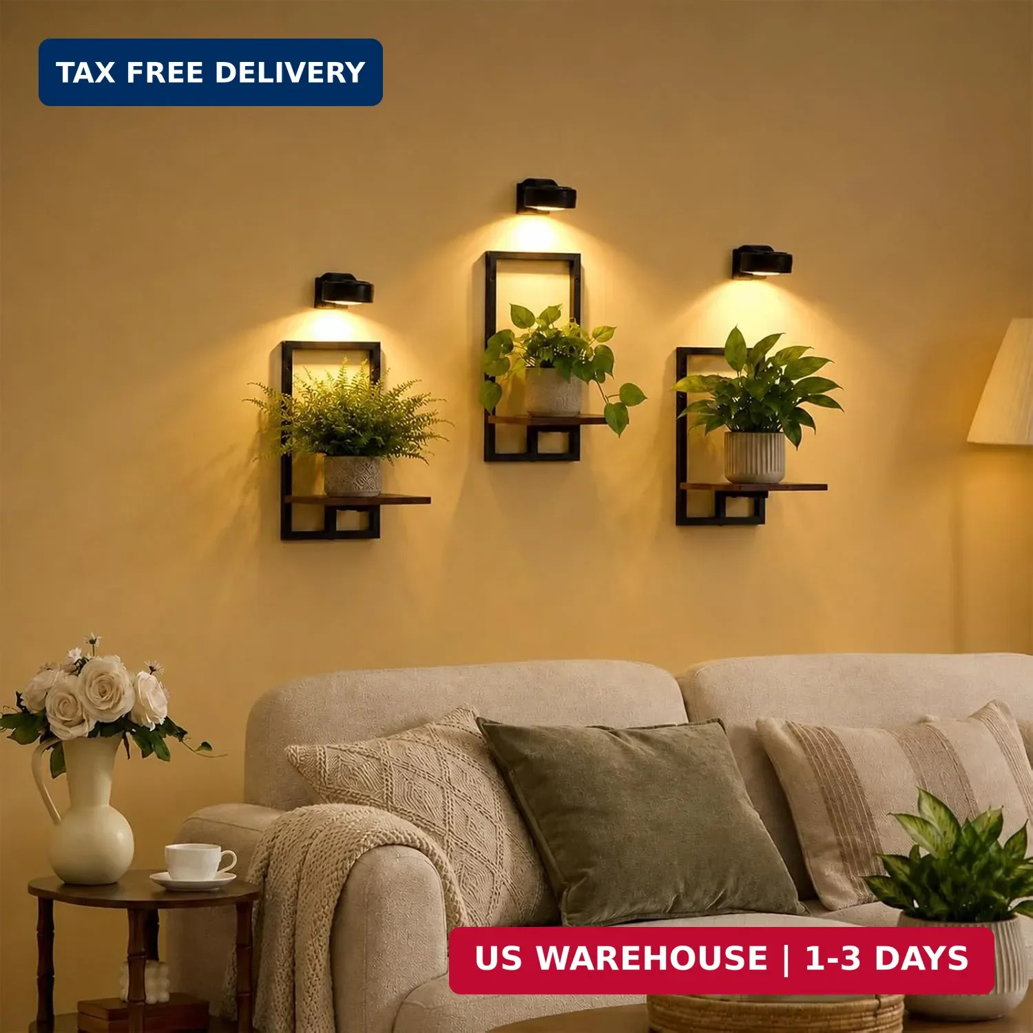 Wall Planters with Grow Lights, Set of 3 Floating Shelves for Indoor Plants, Bed