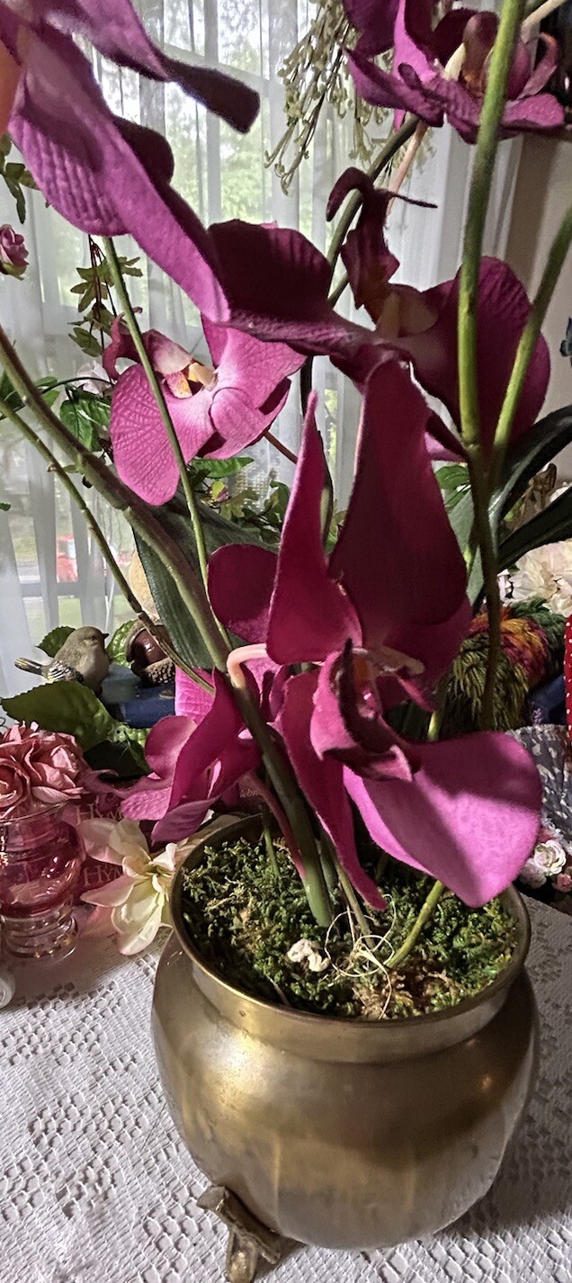 Artificial Orchids In Brass Urn With 3 Feet 20” Tall Darker Colors Due To Light