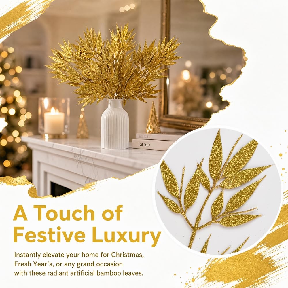 Artificial Gold Glitter Leaf Stems, Simulated Decorative Picks, 13 Inch, 12 Pack