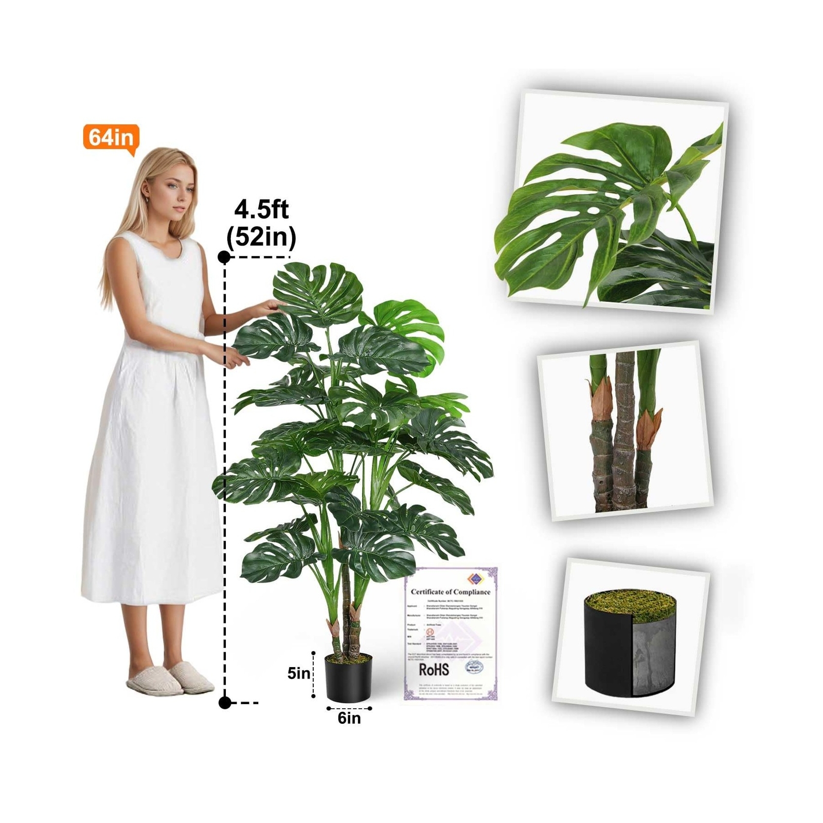 Aveyas 54” Tall Large Artificial Monstera Deliciosa Plants, 4.5 Feet Faux Sw…