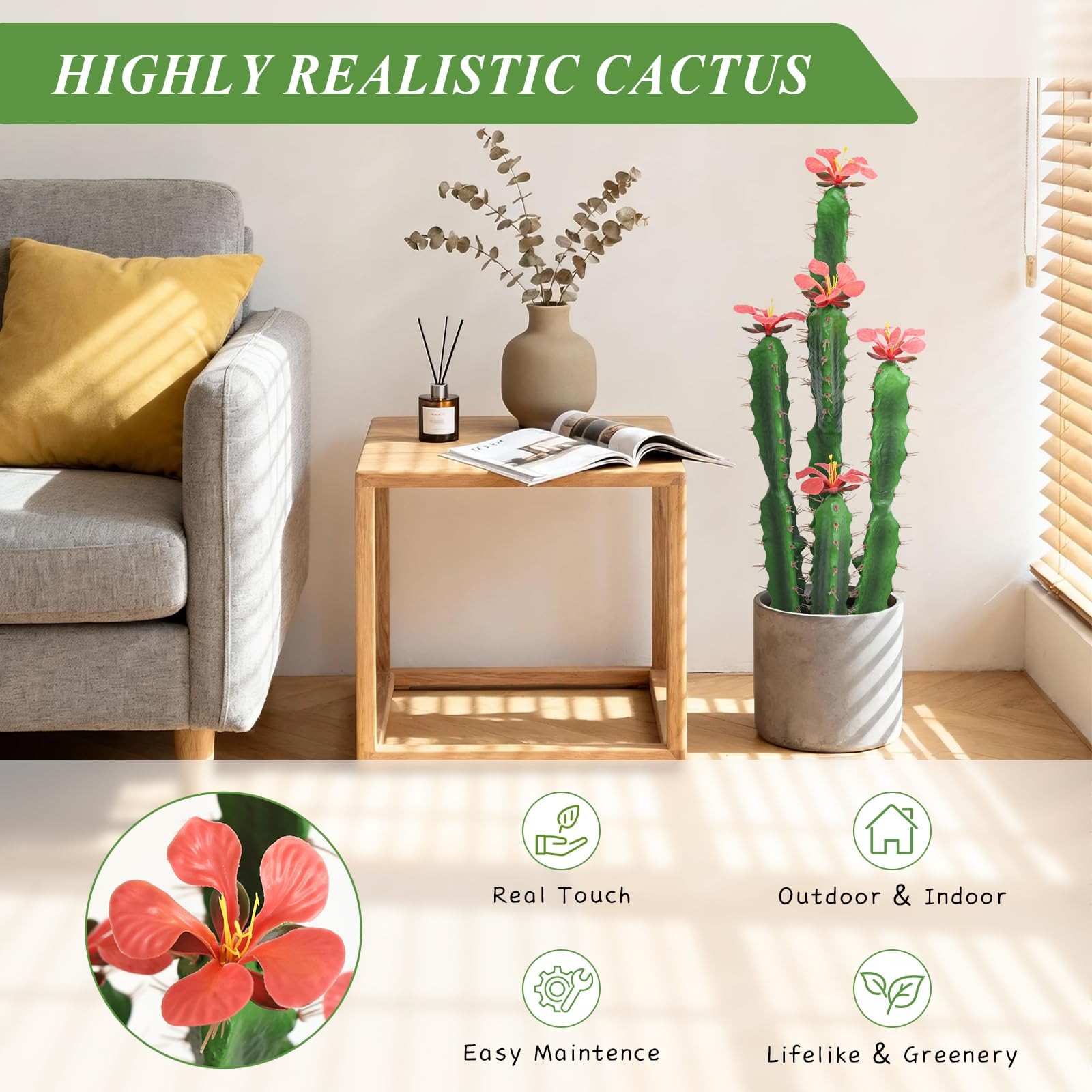 30inch Fake Cactus with Red Flowers, Faux Desert Cacti Fake Cactus Plant, Lag…