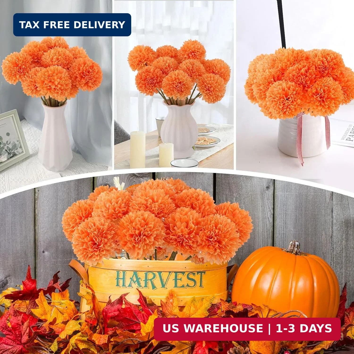 Rowfad 12 Pcs Artificial Chrysanthemums Fall Flowers Silk Orange Marigolds Flowe