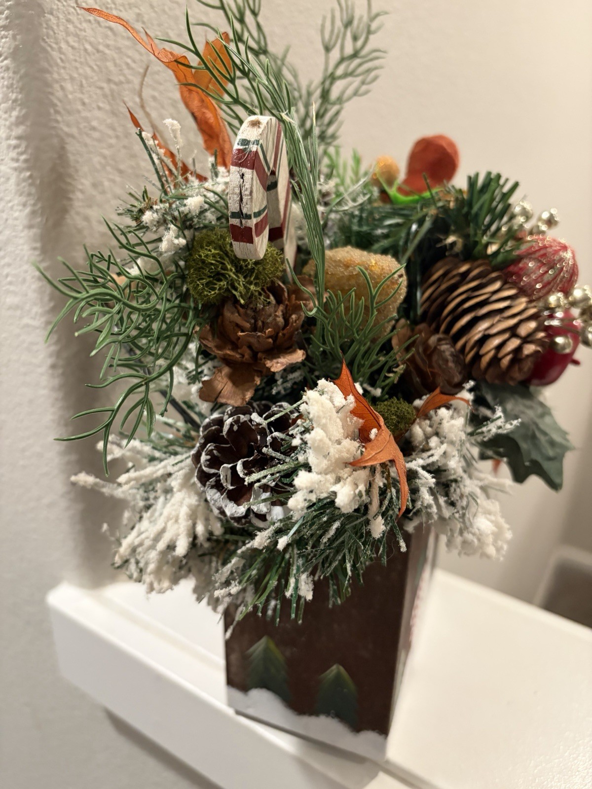 Painted Snowman Tin Bucket w Artificial Pine Table/Wall Arrangement ~Christmas