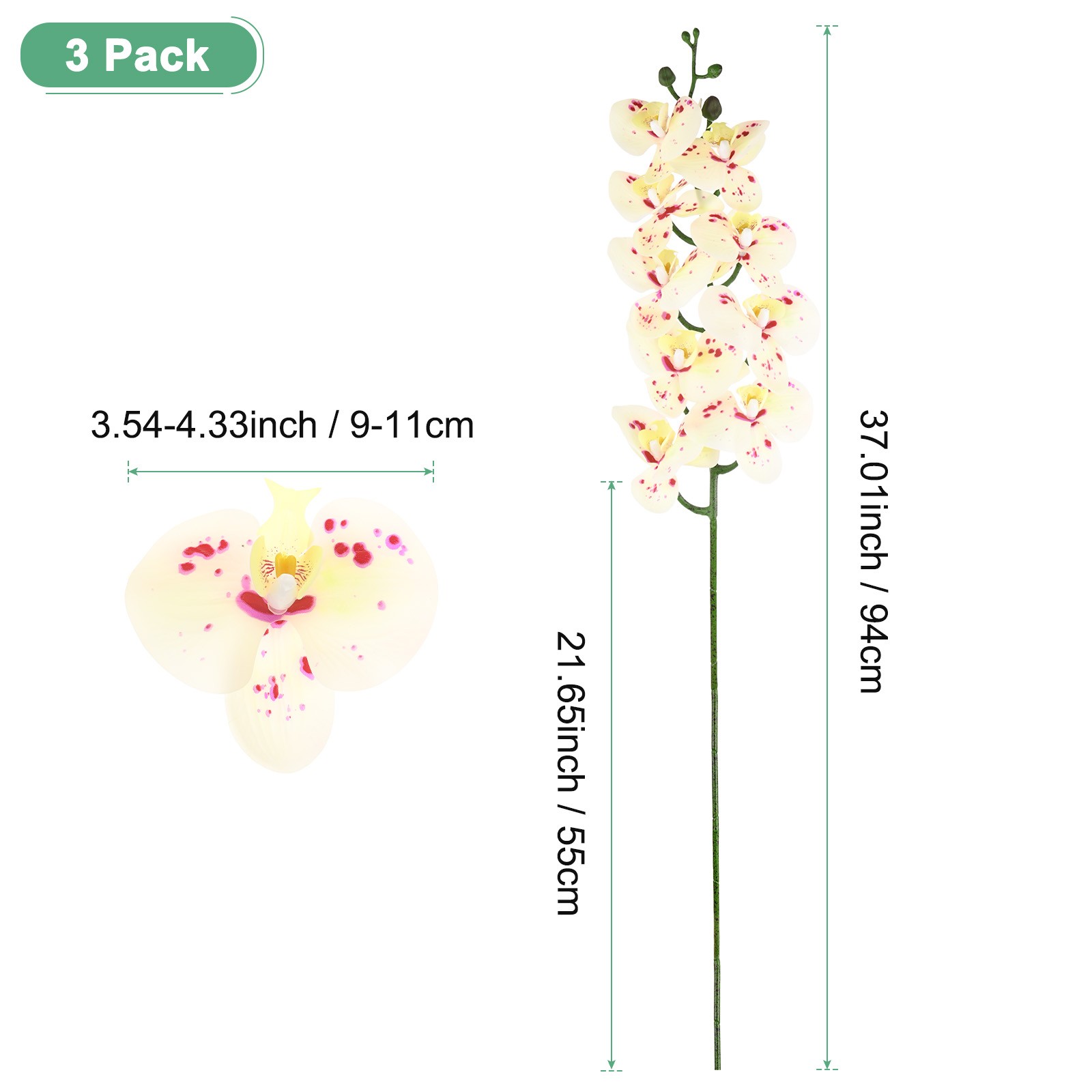3-Pack Artificial Orchid Flowers 9 Large Petals for Home[Spotted Yellow Green]