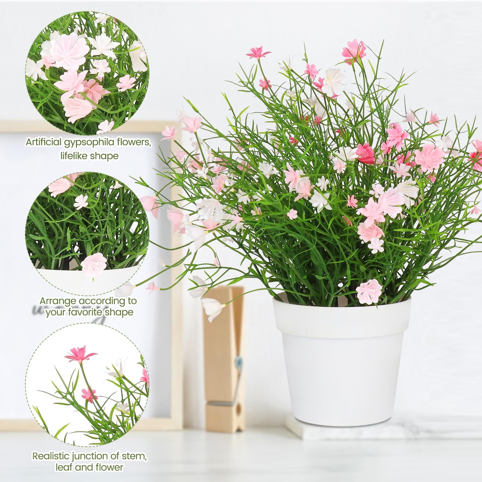 Pink Artificial Babys Breath Potted Flowers Faux Fake Plants Office Room Decor