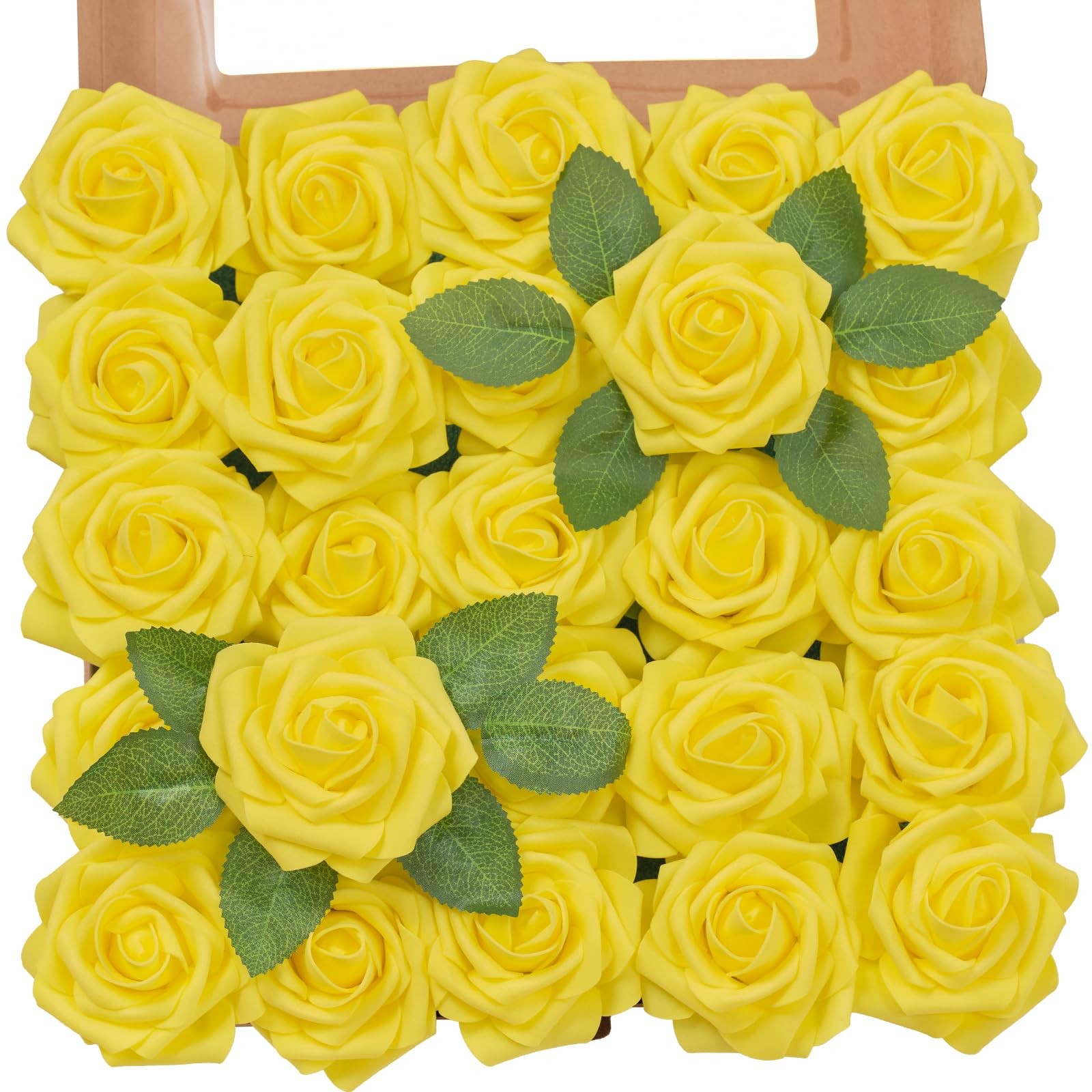 25 PCS Yellow Artificial Foam Rose Flowers Realistic DIY Wedding Bouquet