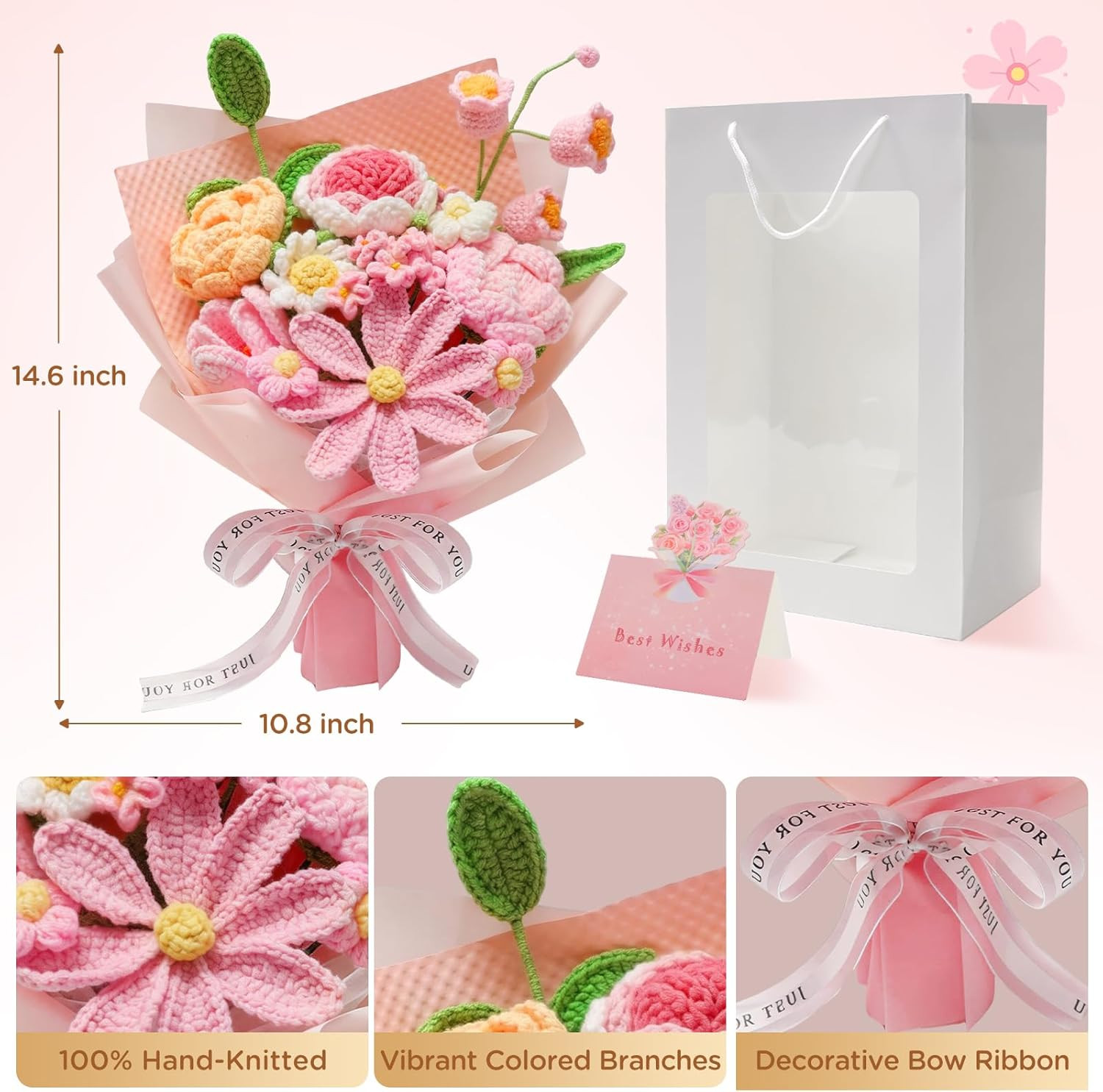Crochet Flower Bouquet Pink, Handmade Knitted Floral, Crochet Tulips Galsang Flo