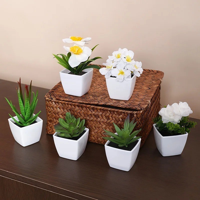 6PCS Artificial Mini Bonsai Plants Potted Greenery Home Office Desk Decor DIY