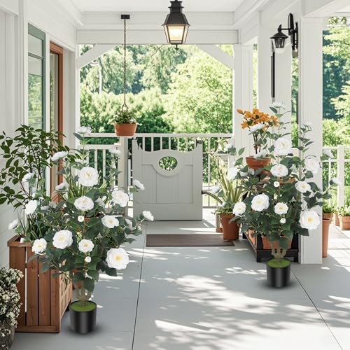2Pack 39.37in Artificial Camellia Trees Cement Pots White