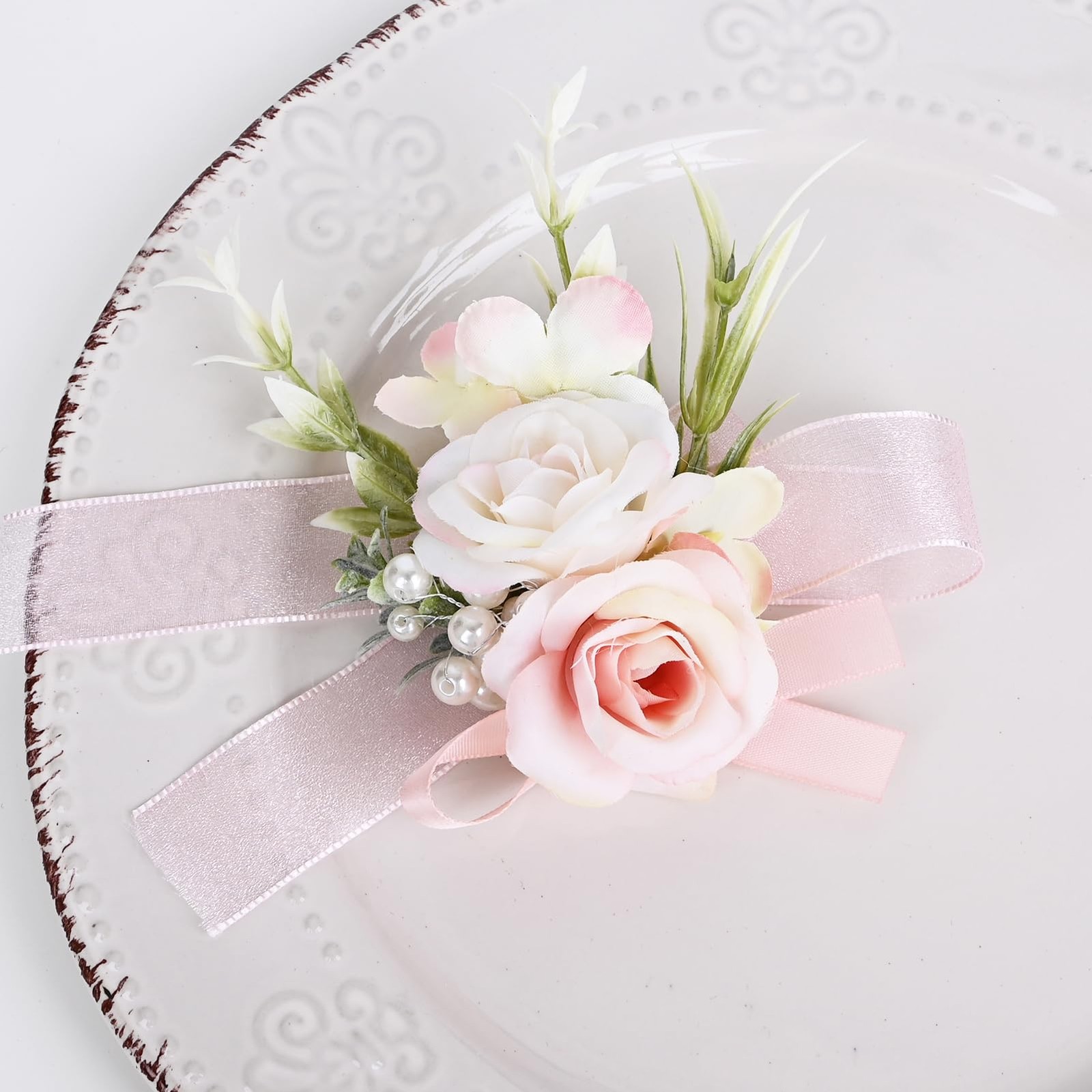 2 PCS Men Pale Pink Boutonniere Corsage Set Artificial Groom Formal Dinner