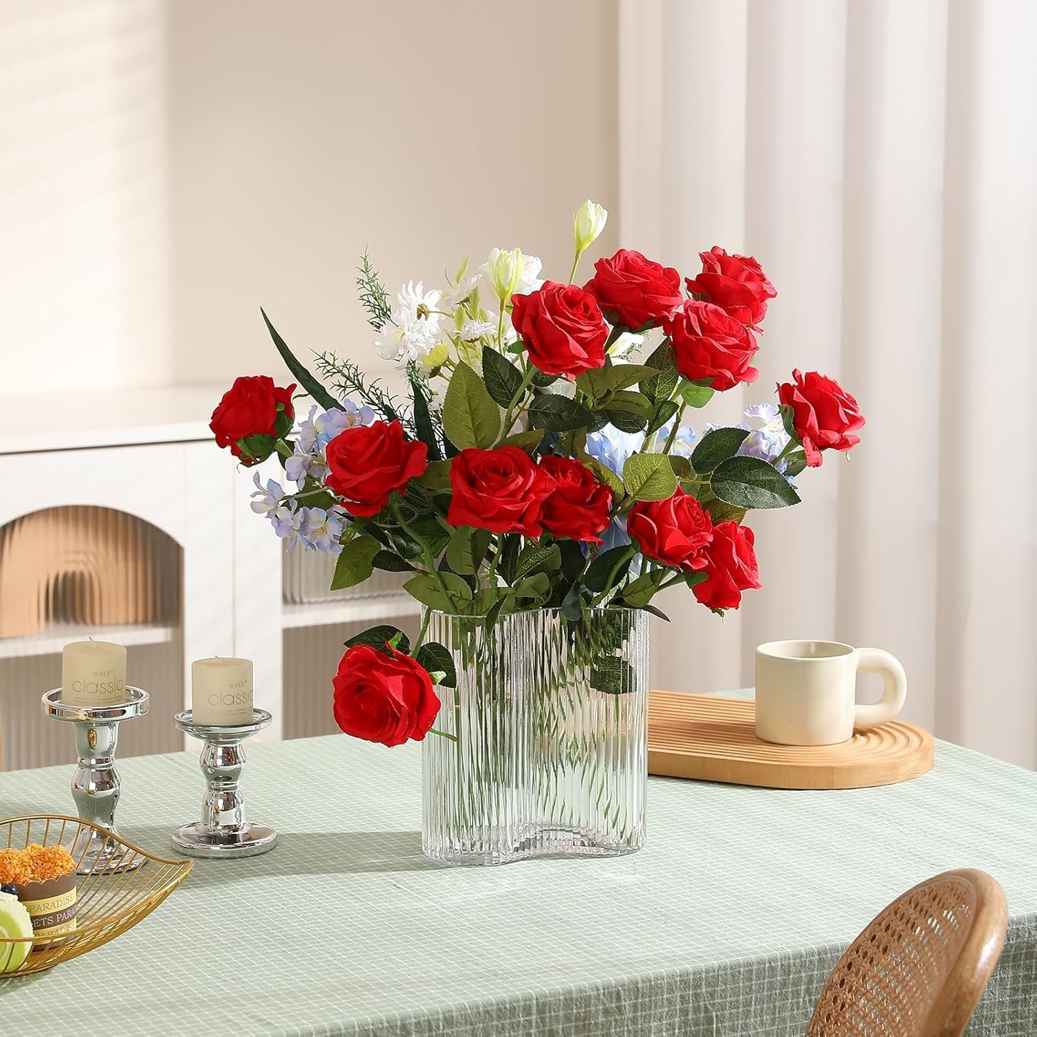 12PCS Realistic Silk Red Roses Bouquet for Home & Events