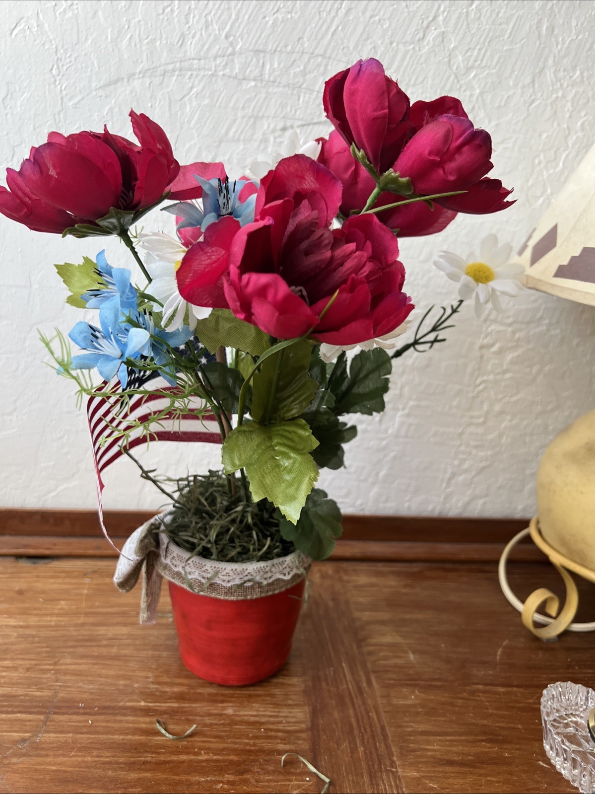 Artificial 13”x10” Flower Bouquet Table Arrangement Patriotic Red White Blue