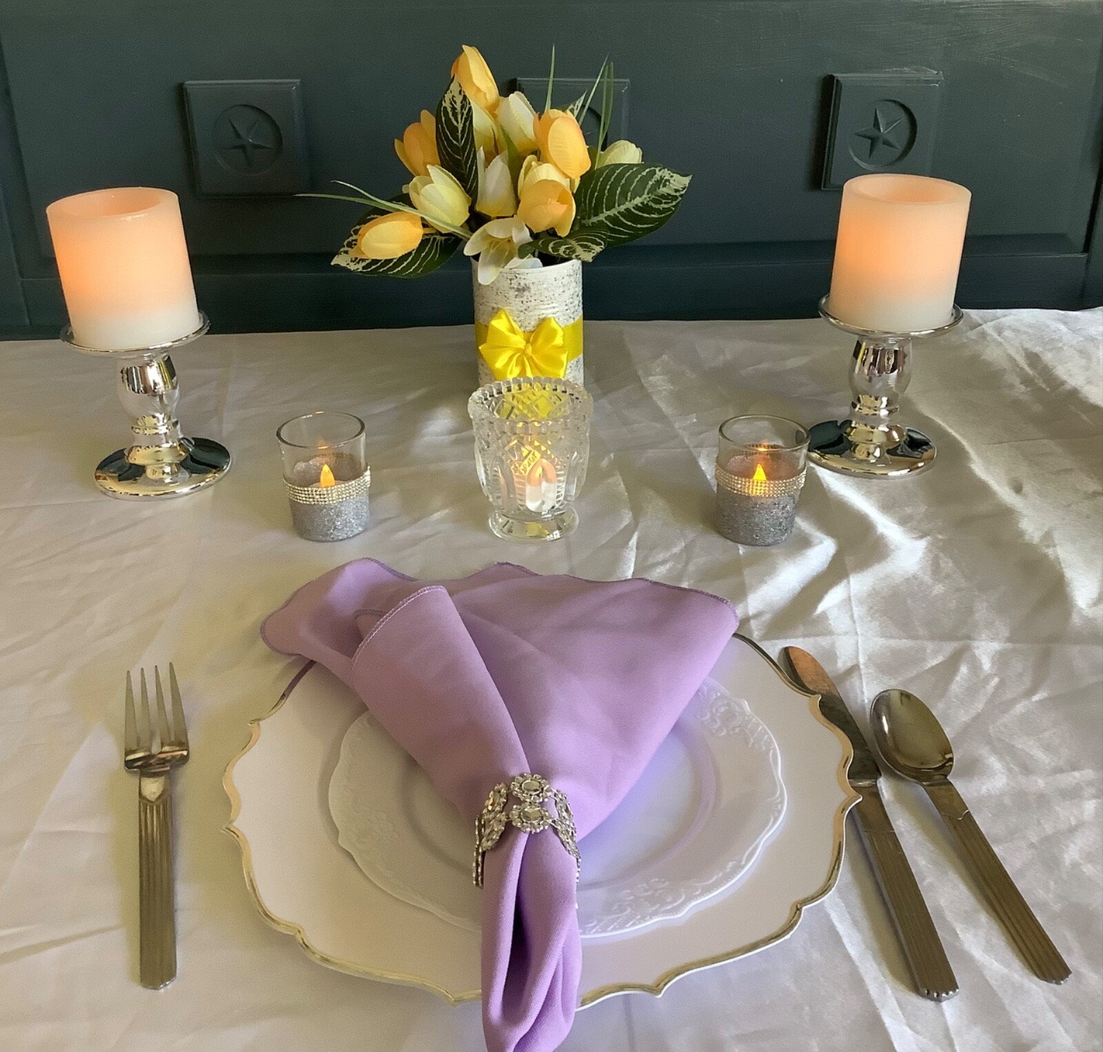 Spring/easter yellow tulip centerpiece with glitter and painted upcycled tin can