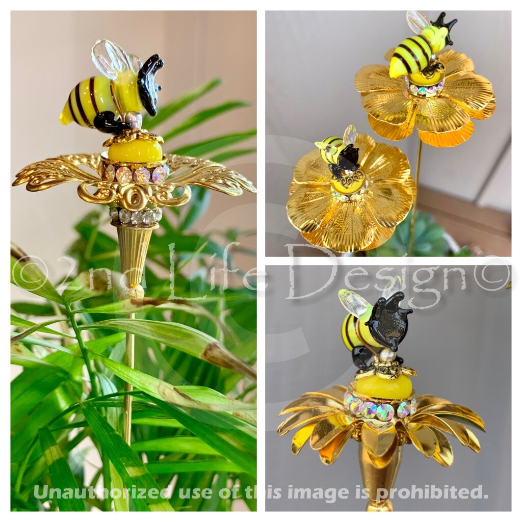 Glass Honey/Bumble Bee Gold Flower Decor Plant Stake/Spike Exquisite US HANDMADE