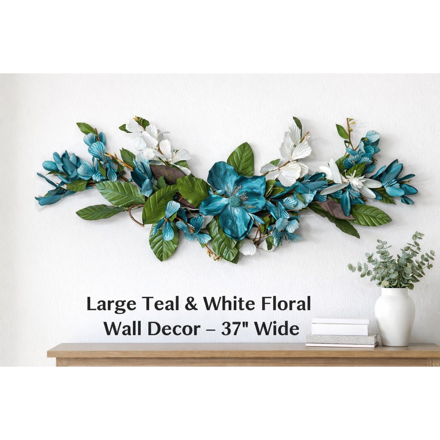Large Teal & White Floral Wall Decor Metal Flower Wall Art 37″ Wide