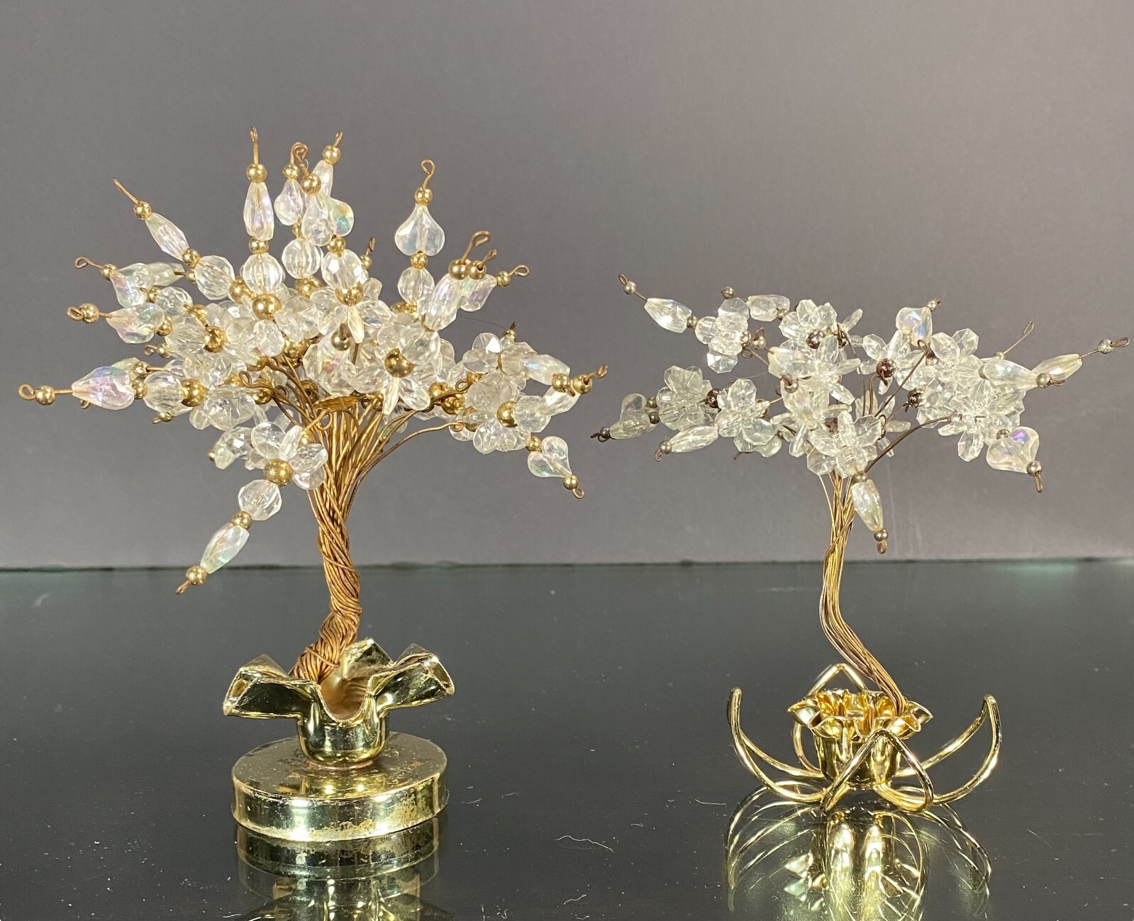 Vintage Twisted Wire Acrylic Beads Hearts Bonsai Money Luck Trees in Brass Pots