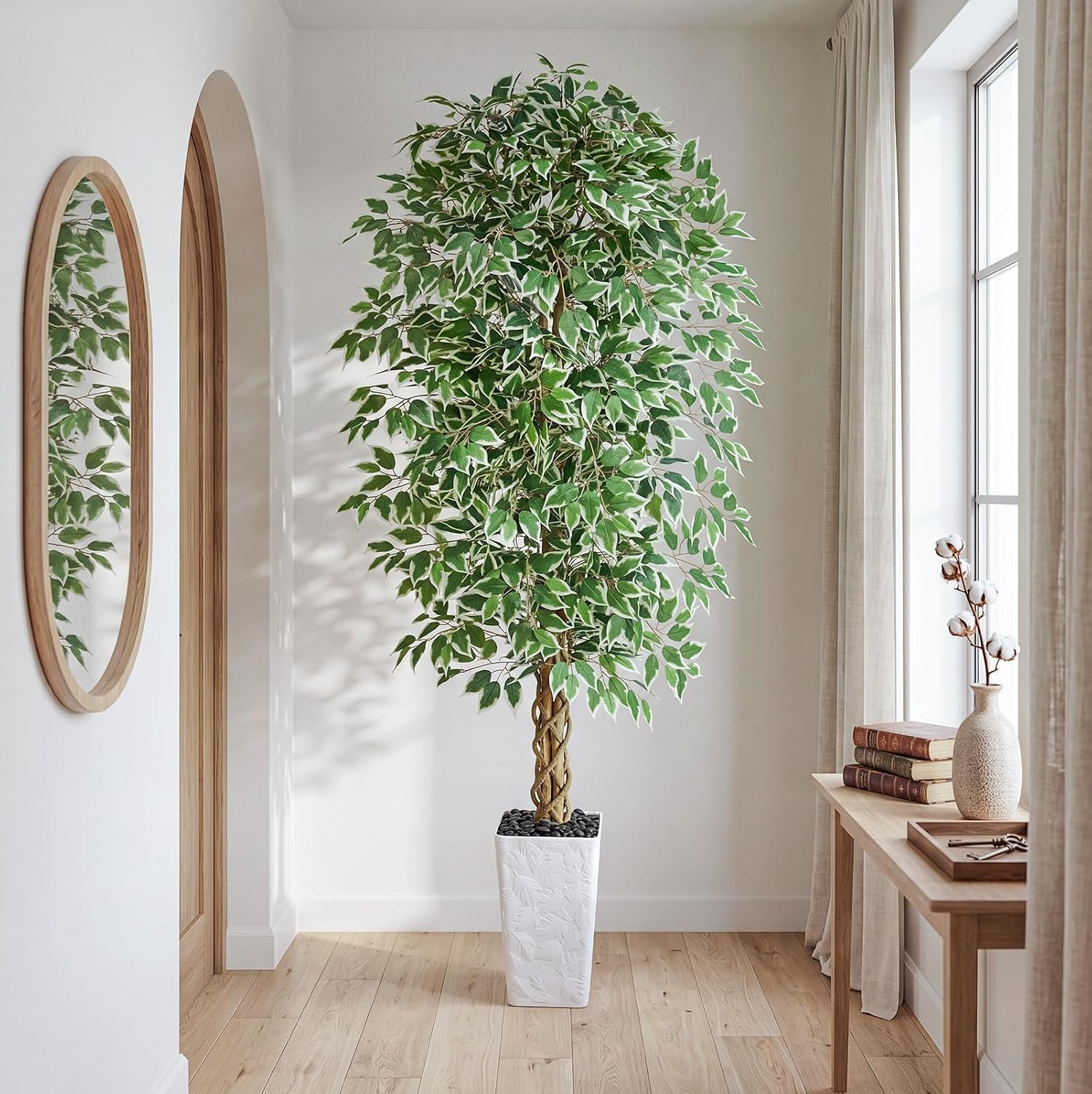Artificial Ficus Tree, 7FT Faux Plants Indoor White Planter | Lifelike Green Lea