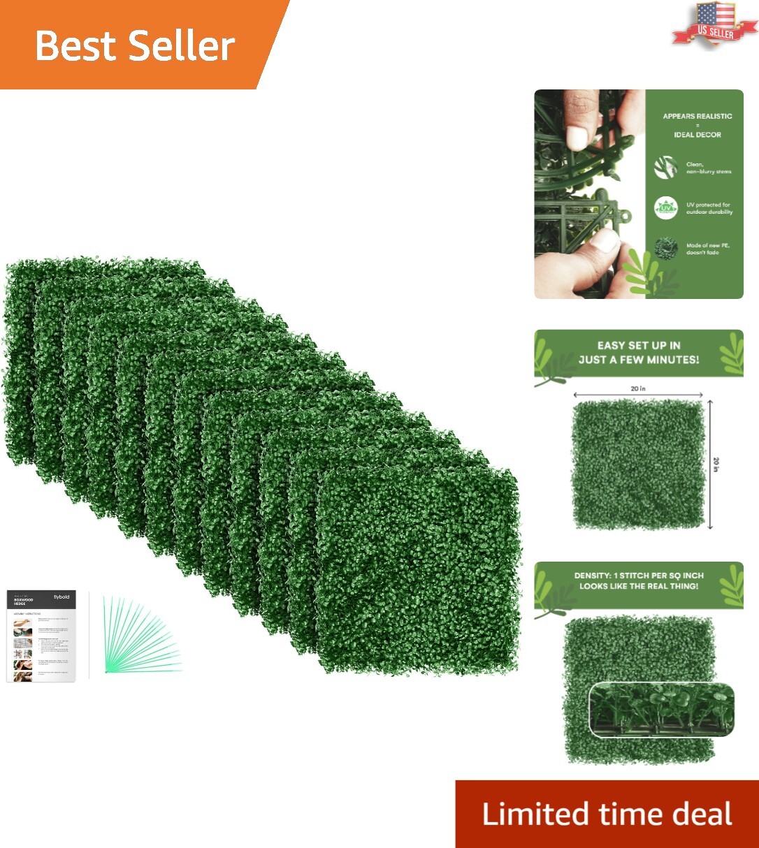 Realistic Grass Wall Panels – UV Protected – Pack of 12 – Includes Zip Ties