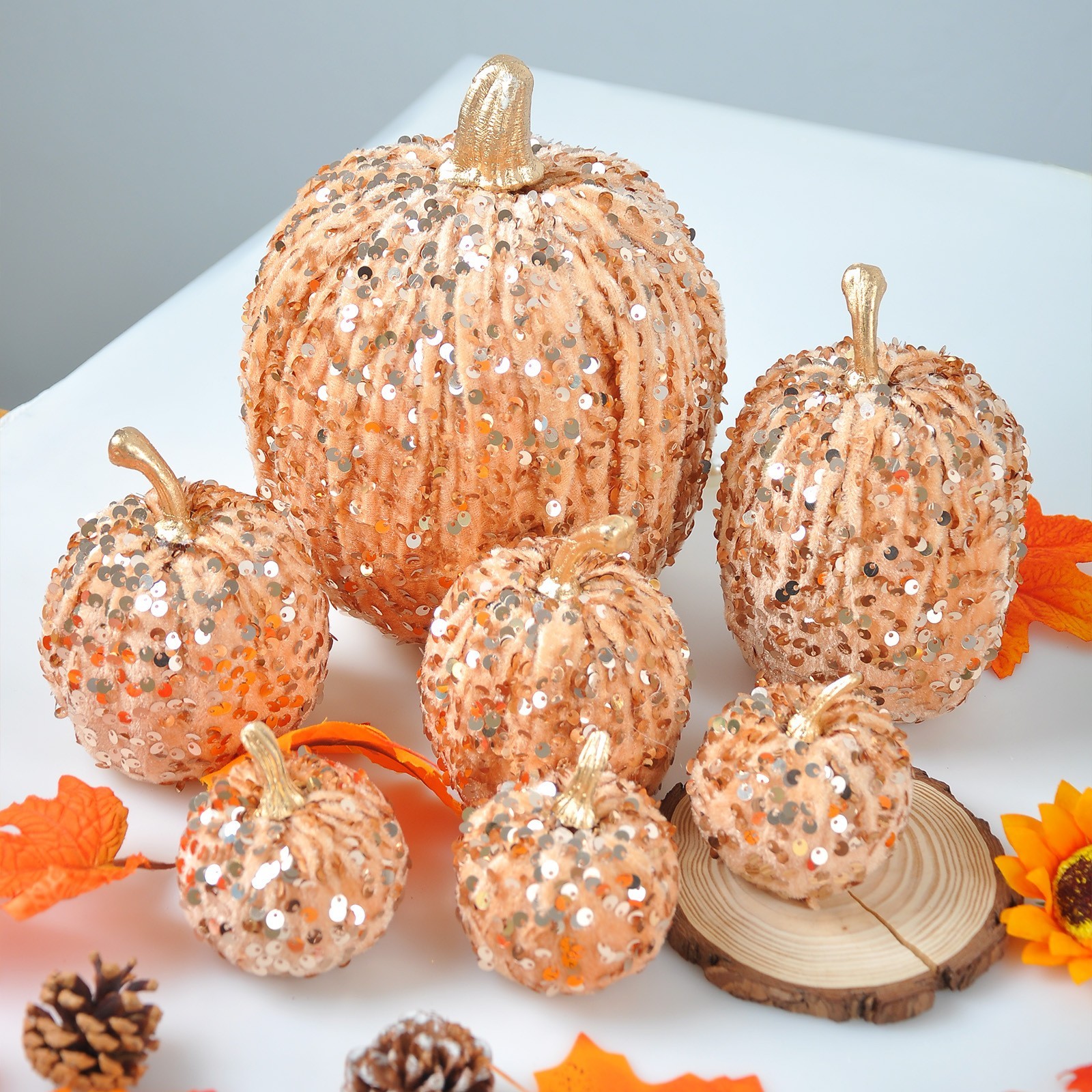 7 Pc Sequin Pumpkin Set Foam Core Plush Fabric Shimmering for Seasonal Display