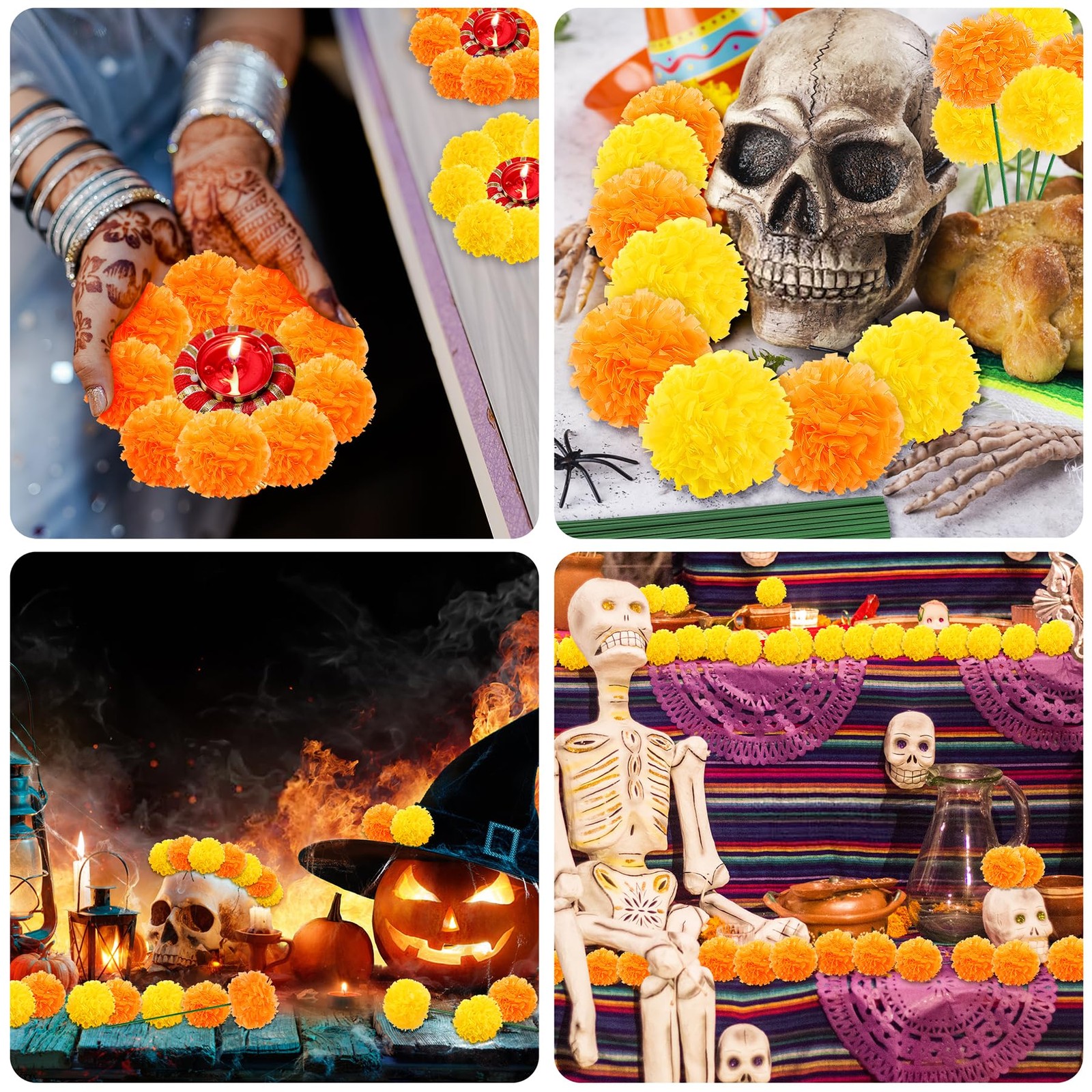 Cabezas flores caléndula de Diwali con tallos, flores de caléndula artificiales.