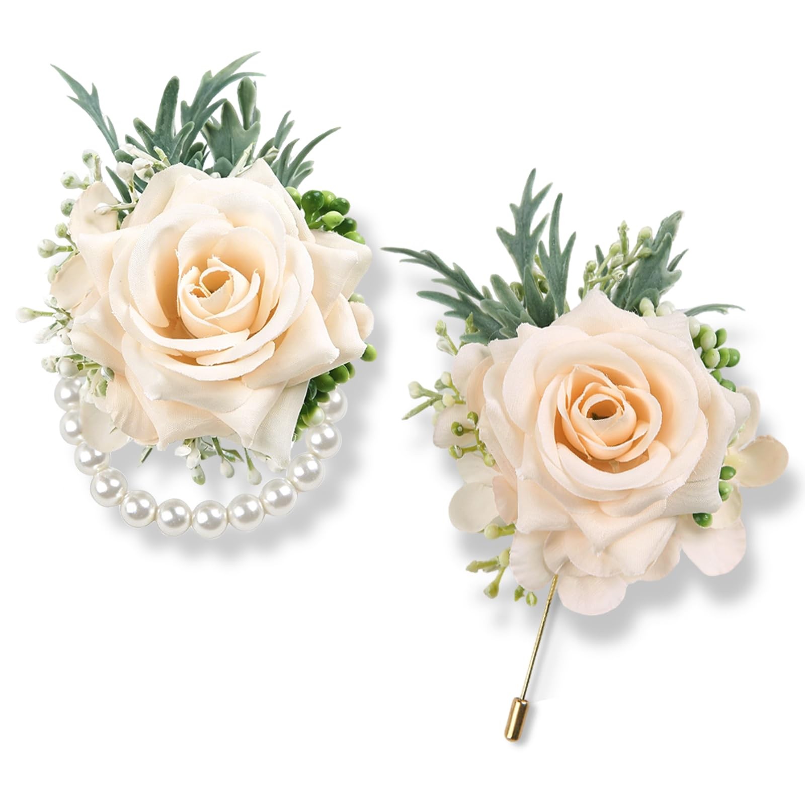 Champagne Prom Corsage and Boutonniere Set Artificial Silk Rose