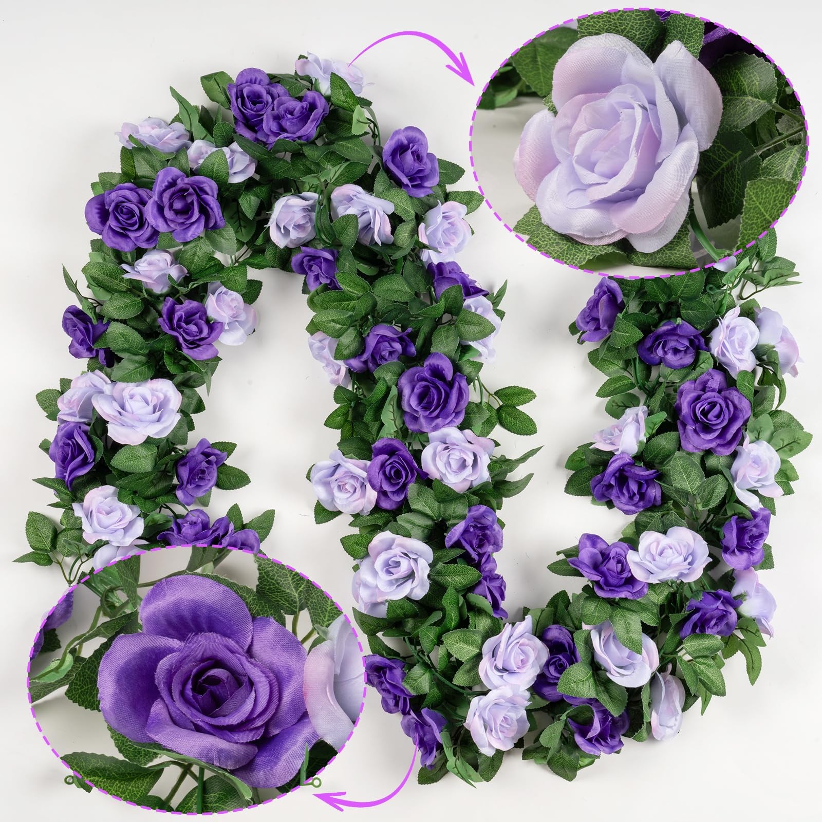 2 Pack 16FT Artificial Rose Garland – Dual Tone Light/Dark Purple Silk Flower…