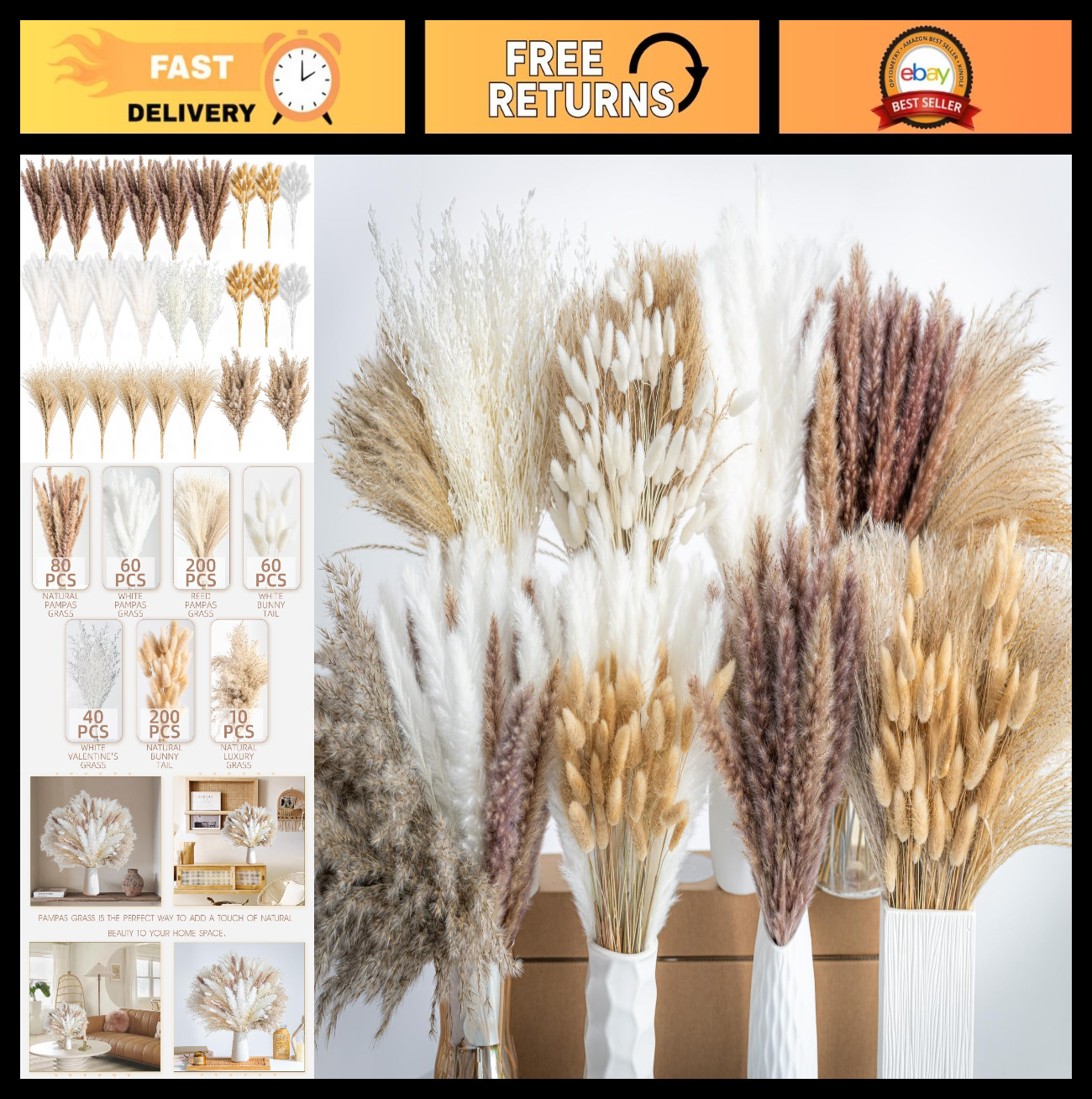 650PCS Dried Pampas Grass Bouquet – Boho Home Decor, Wedding Floral Arrangements