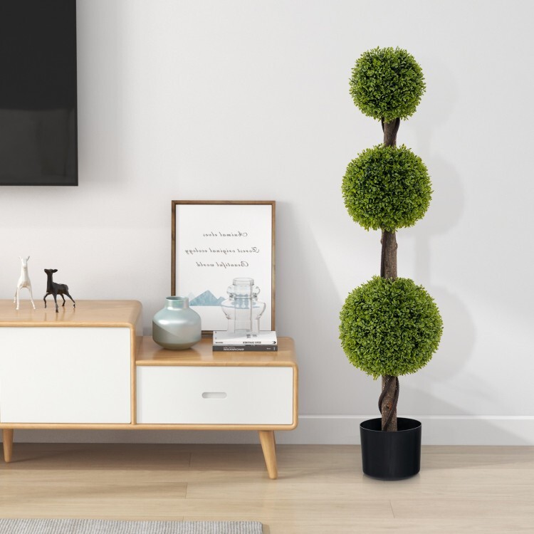 4′ Artificial Boxwood Topiary Ball Tree Plant Pot With Lush PE leaves and Trunk