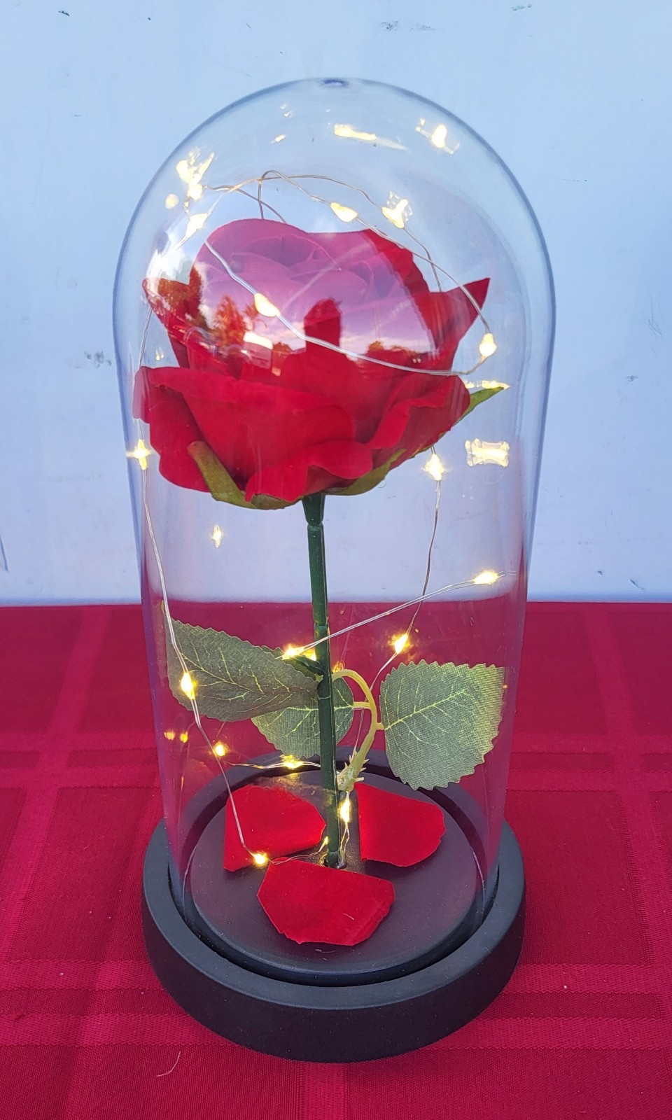 Lot of 6 Artifical Forever Red Roses with LED Fairy Lights In Clear Display Dome