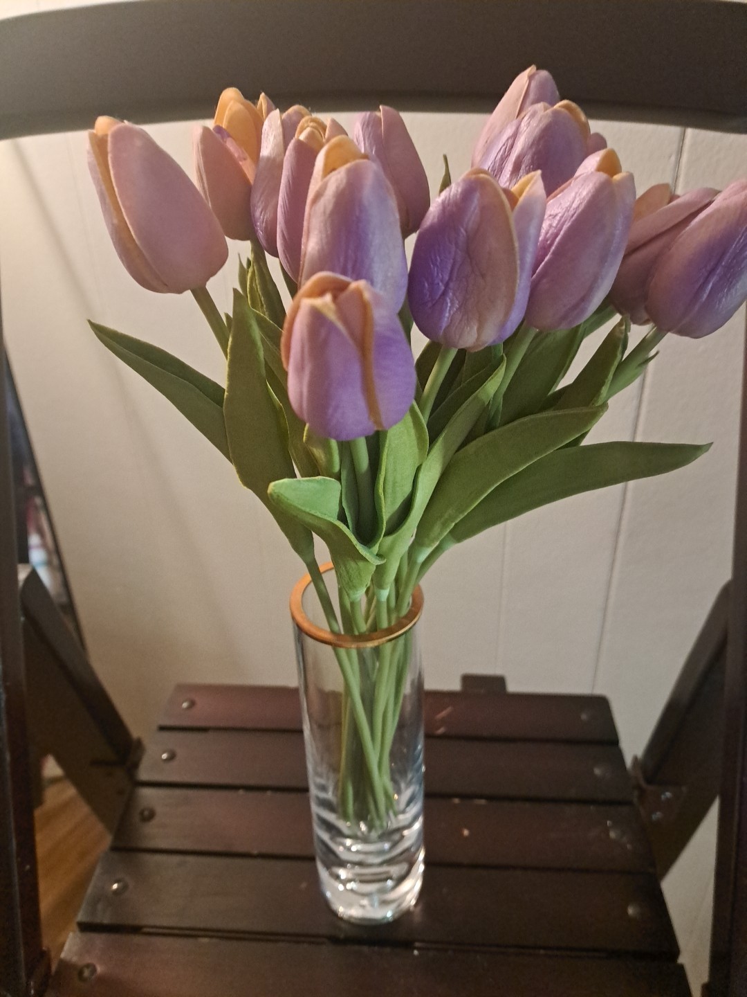 18 Artificial Purple Silk Tulips & Floral Gold Rim Illusion Vase 8″ H X 2.5 W