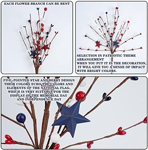4 Pack Patriotic Artificial Berry Stem Picks White Blue Red Stars for 4th of …