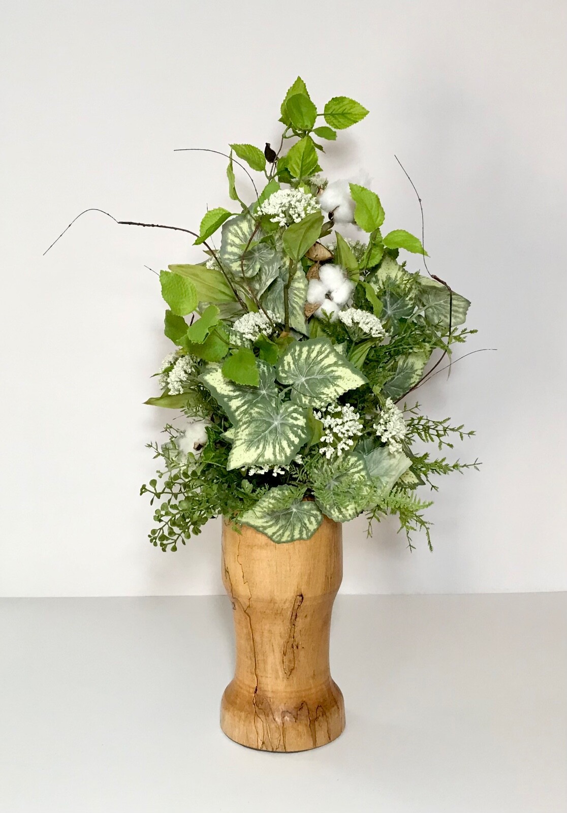 EVERYDAY YEAR ROUND FLORAL COTTON STEMS ARRANGEMENT WOOD COLUMN CENTERPIECE NEW