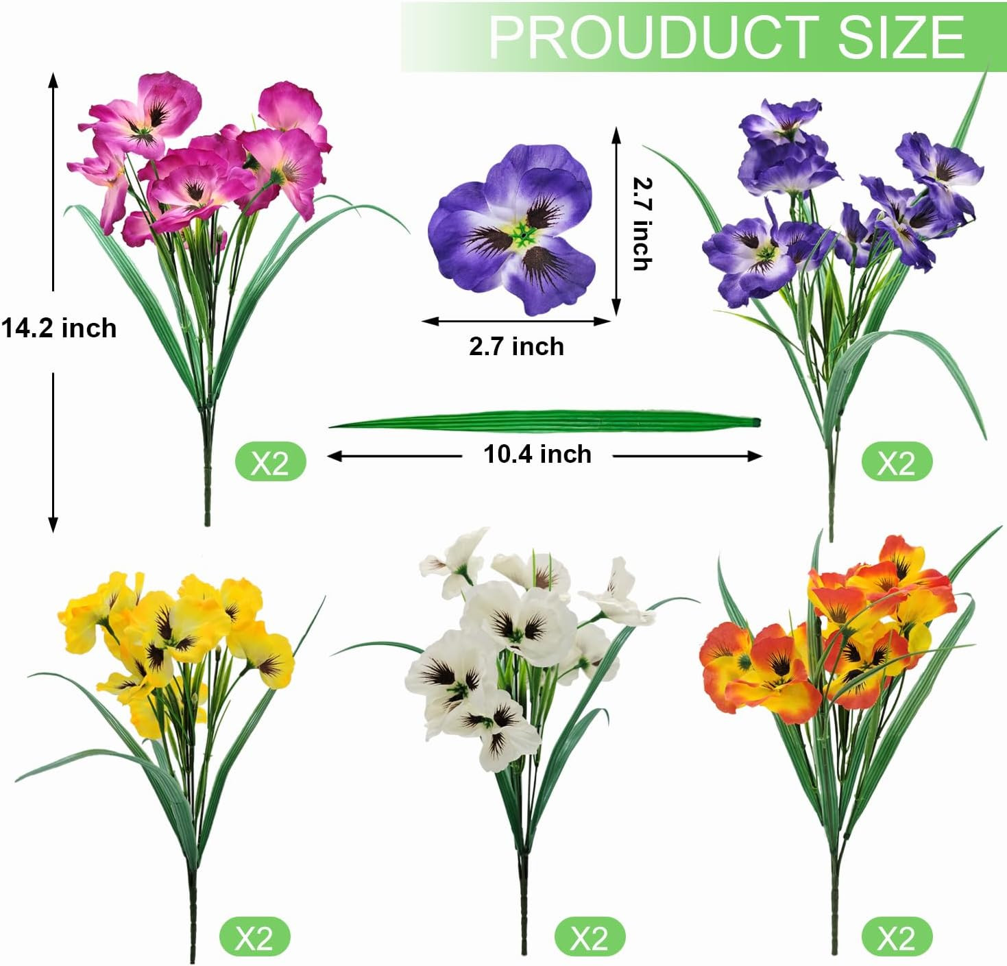 10 Bundles Artificial Pansy Flowers UV Resistant Plastic Plants Fake Silk Faux F