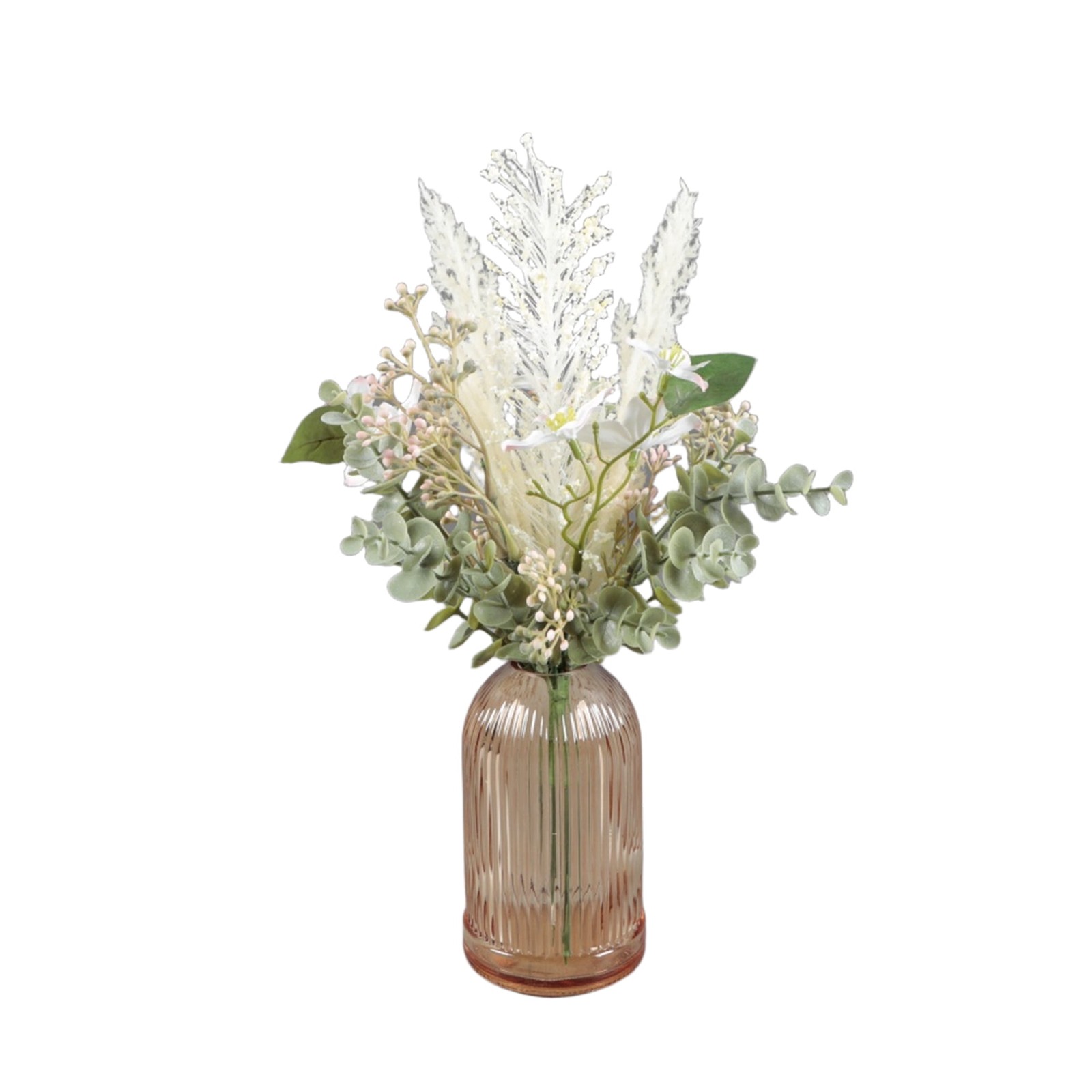 White Faux Floral Arrangement in Glass Vase 14.5 in H x 7.8 in W x 7.8 in D