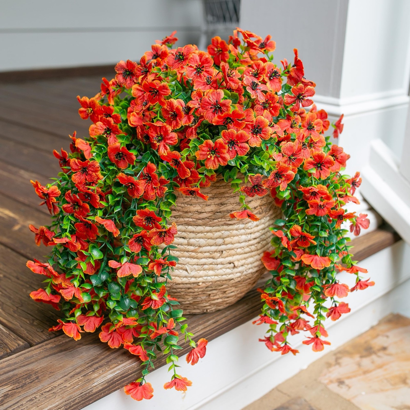 Fall Artificial Mums & Eucalyptus Hanging Decor – 2Pcs Orange Daisy Silk Flowers