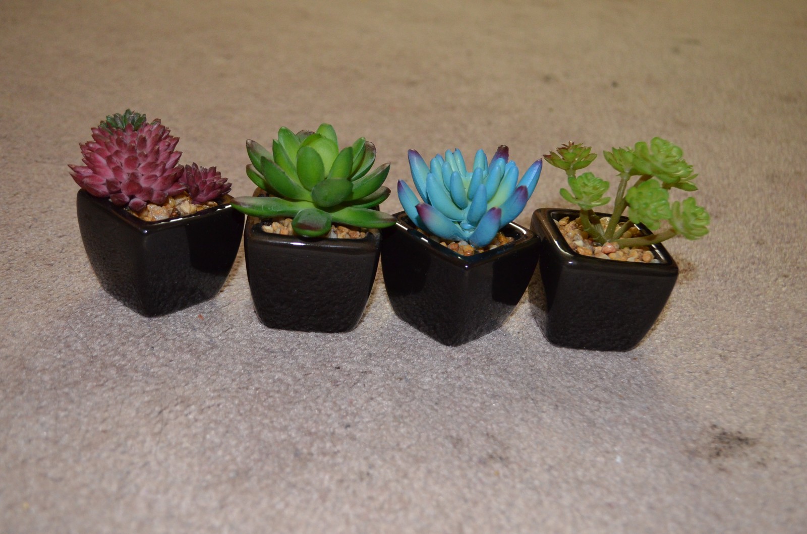 Small Artificial Succulents Black Ceramic Pots 4 PCS
